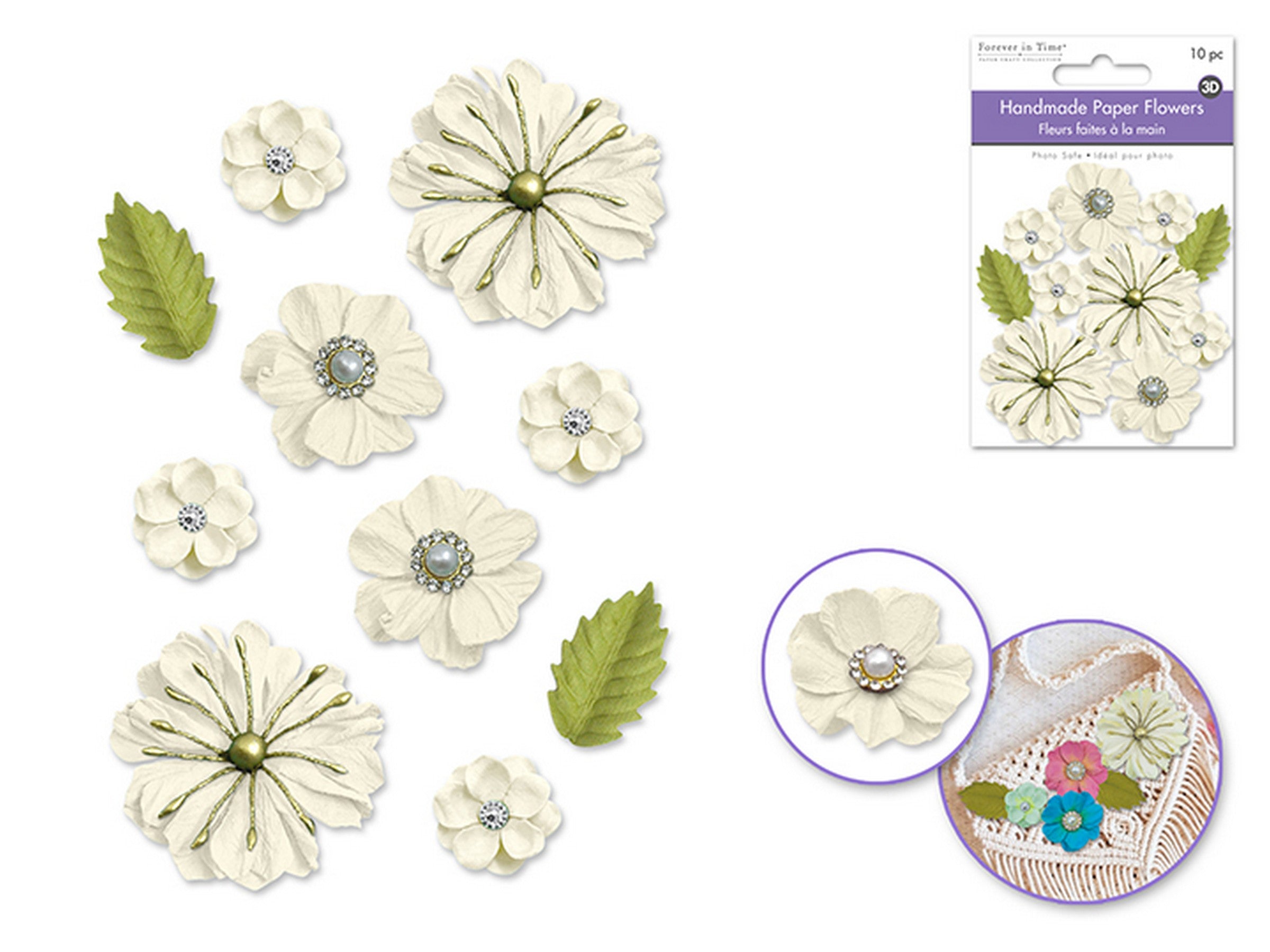 Forever in Time Handmade Paper Flowers with Pearls and Filigree 10pcs - Ivory Tusk 0.8in - 1.8in