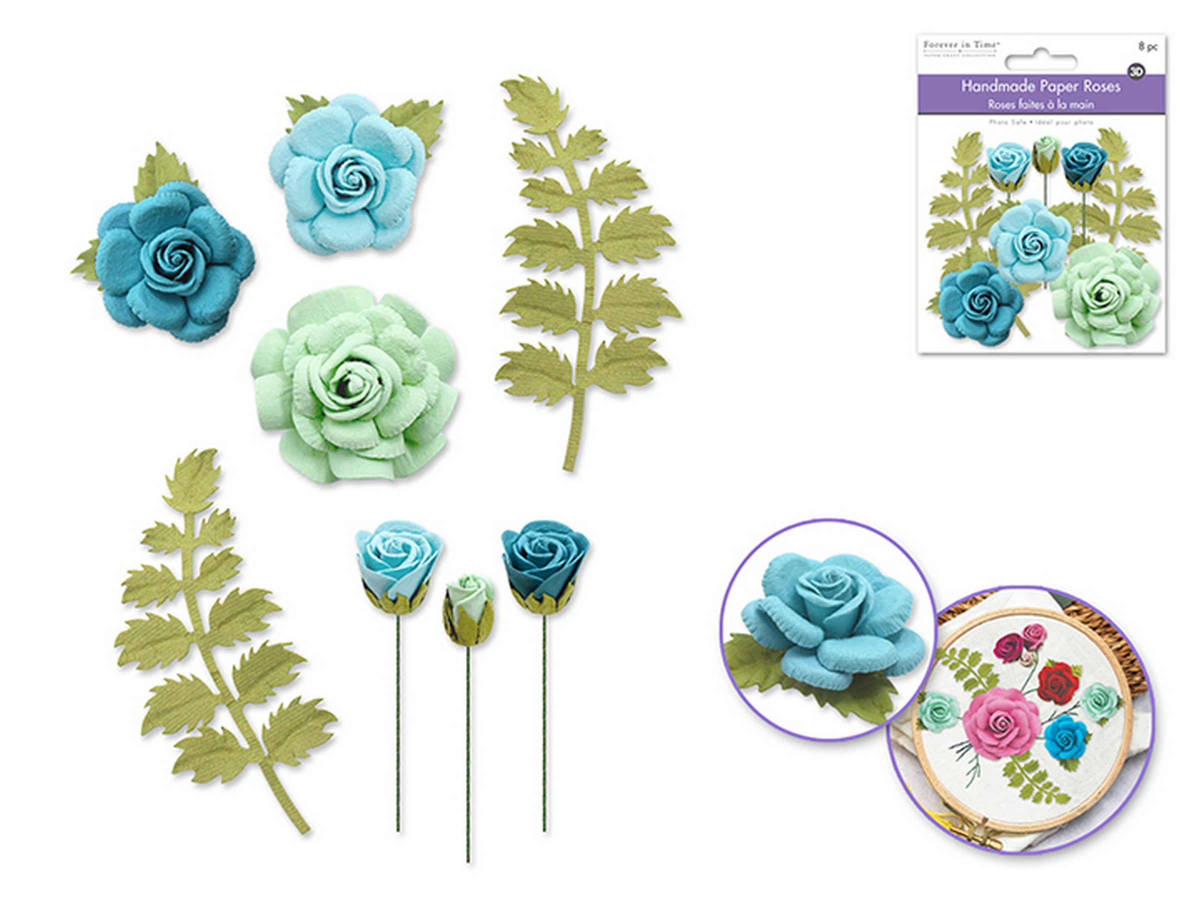 Forever in Time Handmade Paper Roses with Crinkle Leaves 8pcs - Blue Sky 1in - 2in