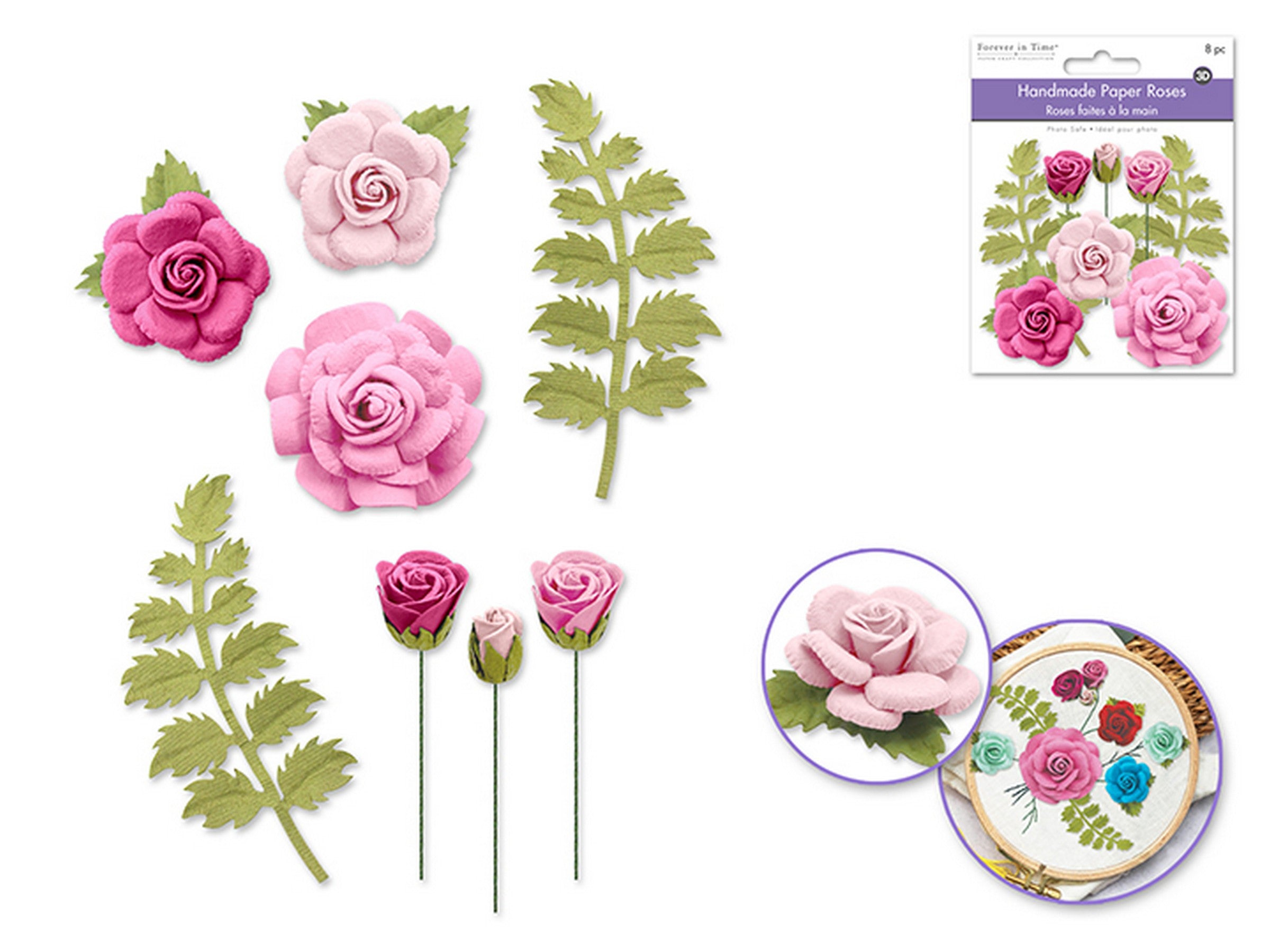 Forever in Time Handmade Paper Roses with Crinkle Leaves 8pcs - Blush Bloom 1in - 2in
