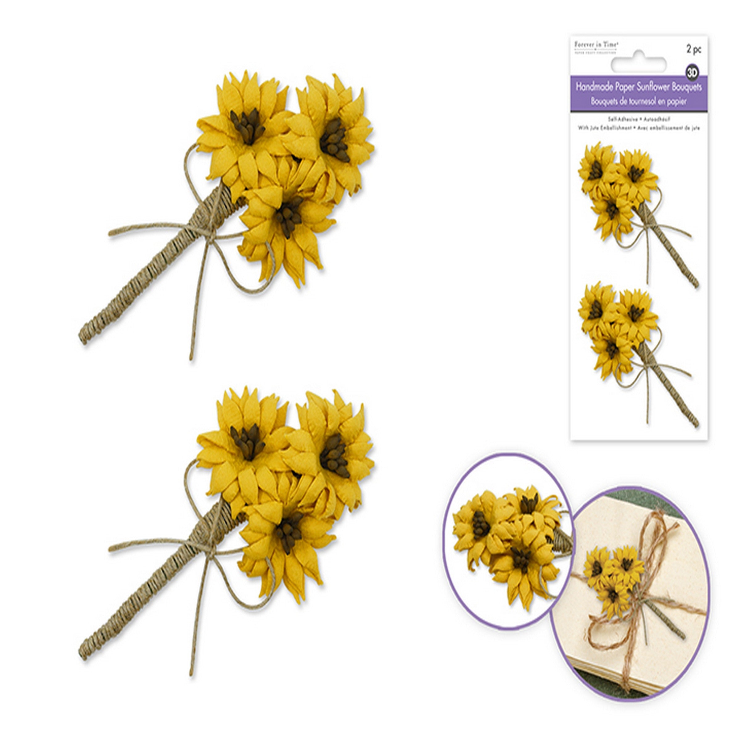 Forever in Time 2 3D Paper Self-stick Handmade Sunflower Bouquets with Jute Accent 2.5x1.25in