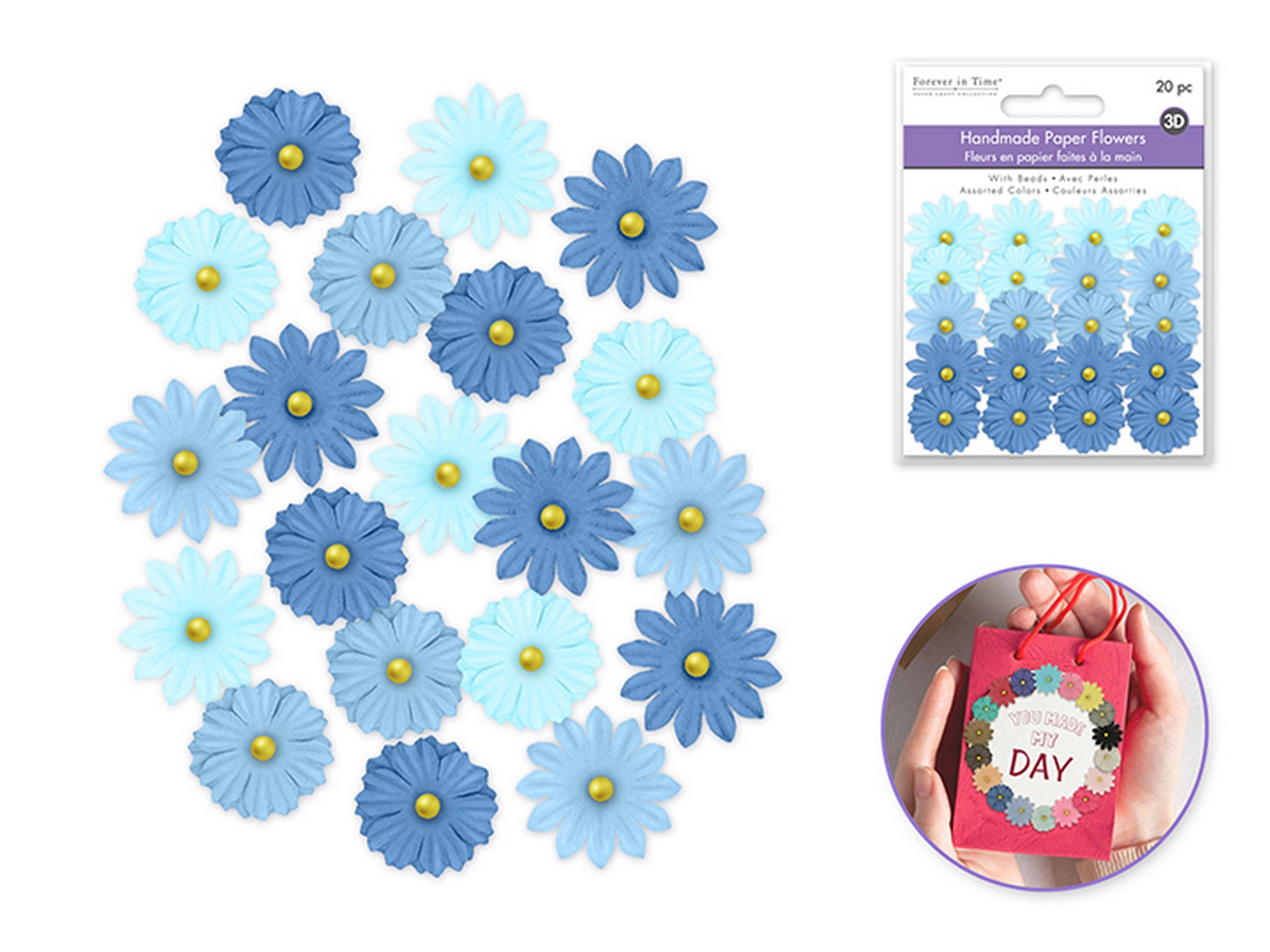 Forever in Time Handmade Paper Flowers with Bead 20pcs - Blue Medley 0.8in