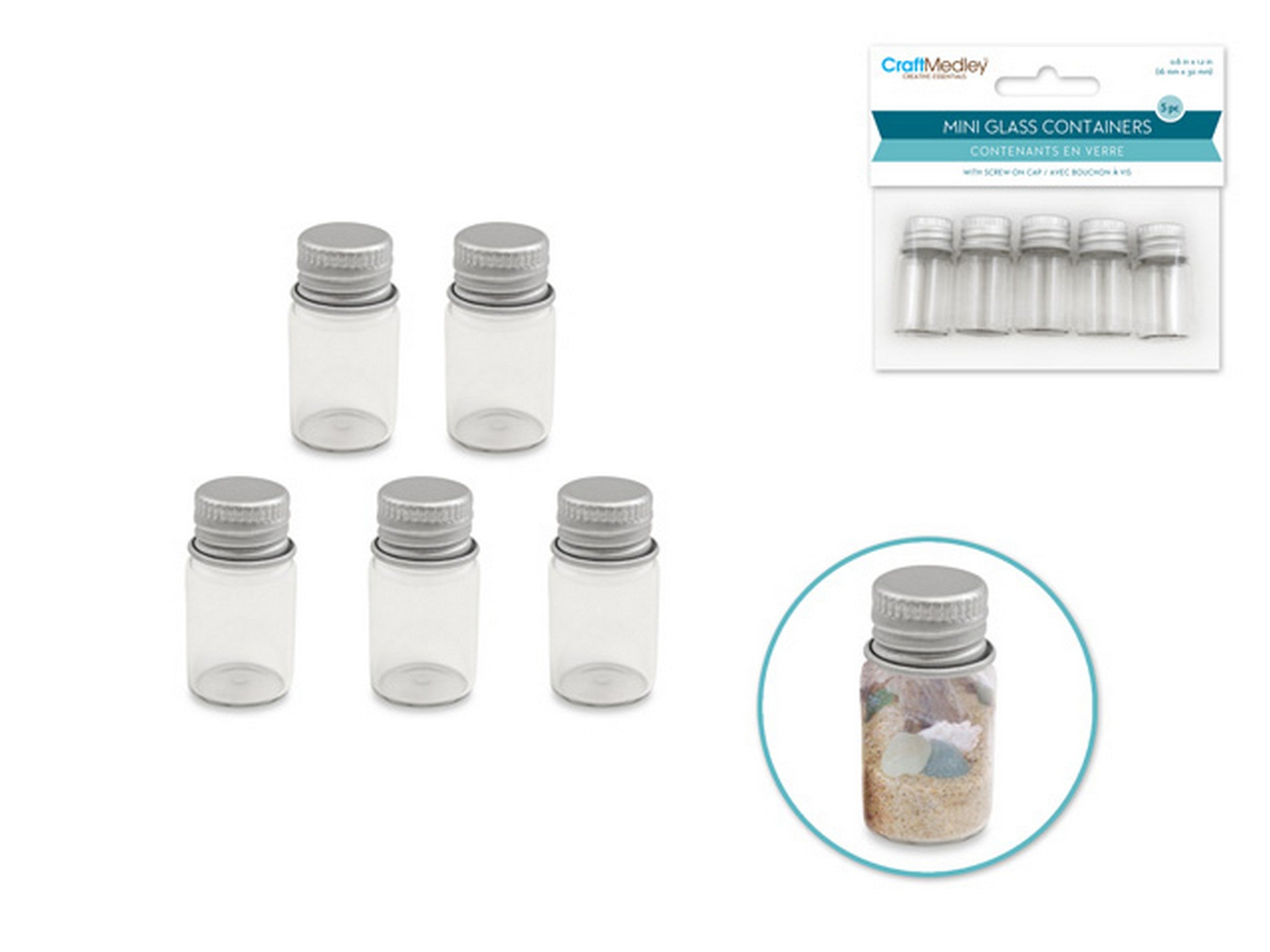 Craft Medley 5 Mini Glass Containers with Screw-on Cap 0.6x1.2in