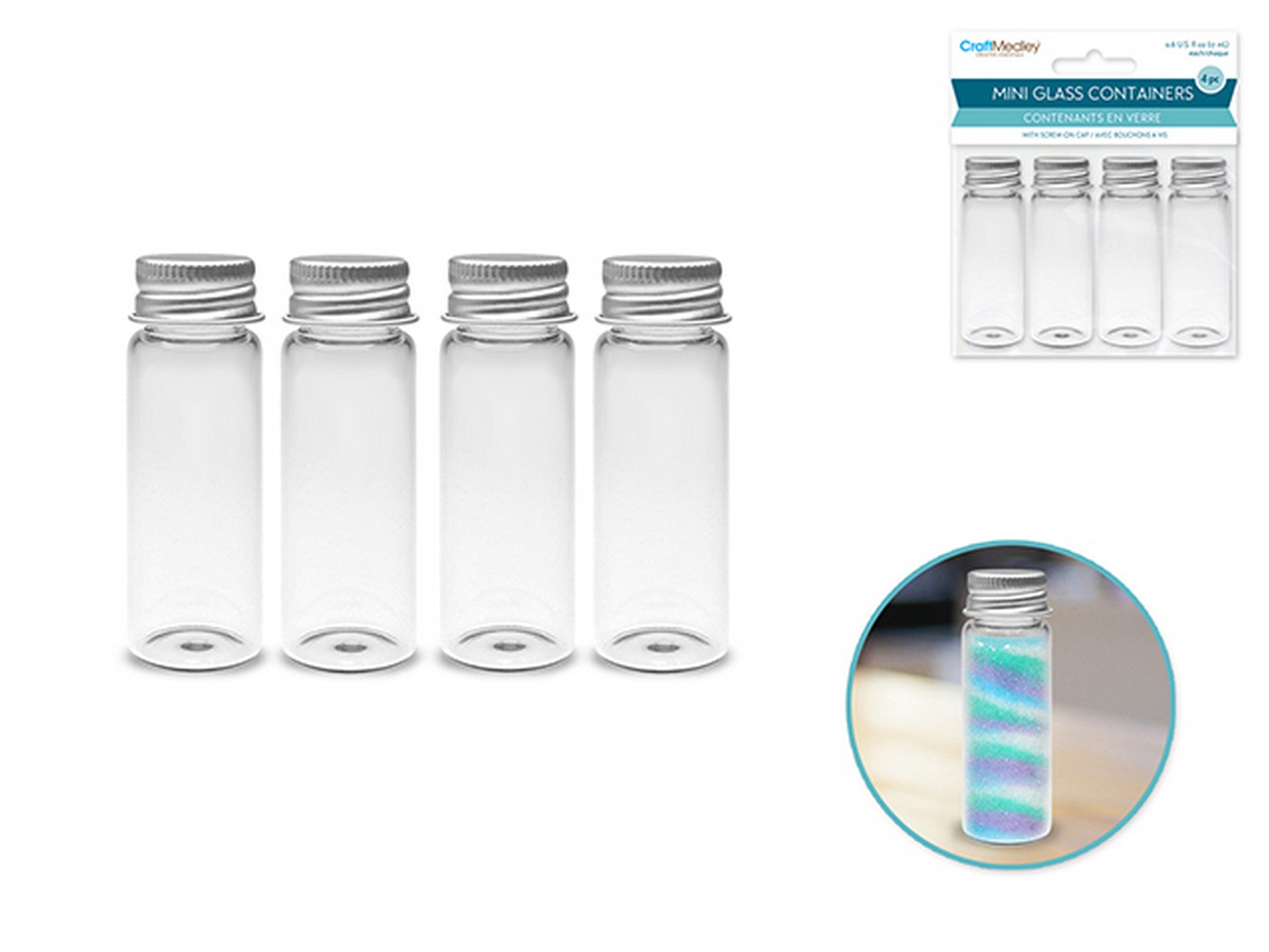 Craft Medley 4 Mini Glass Containers with Screw-on Cap 0.6oz each