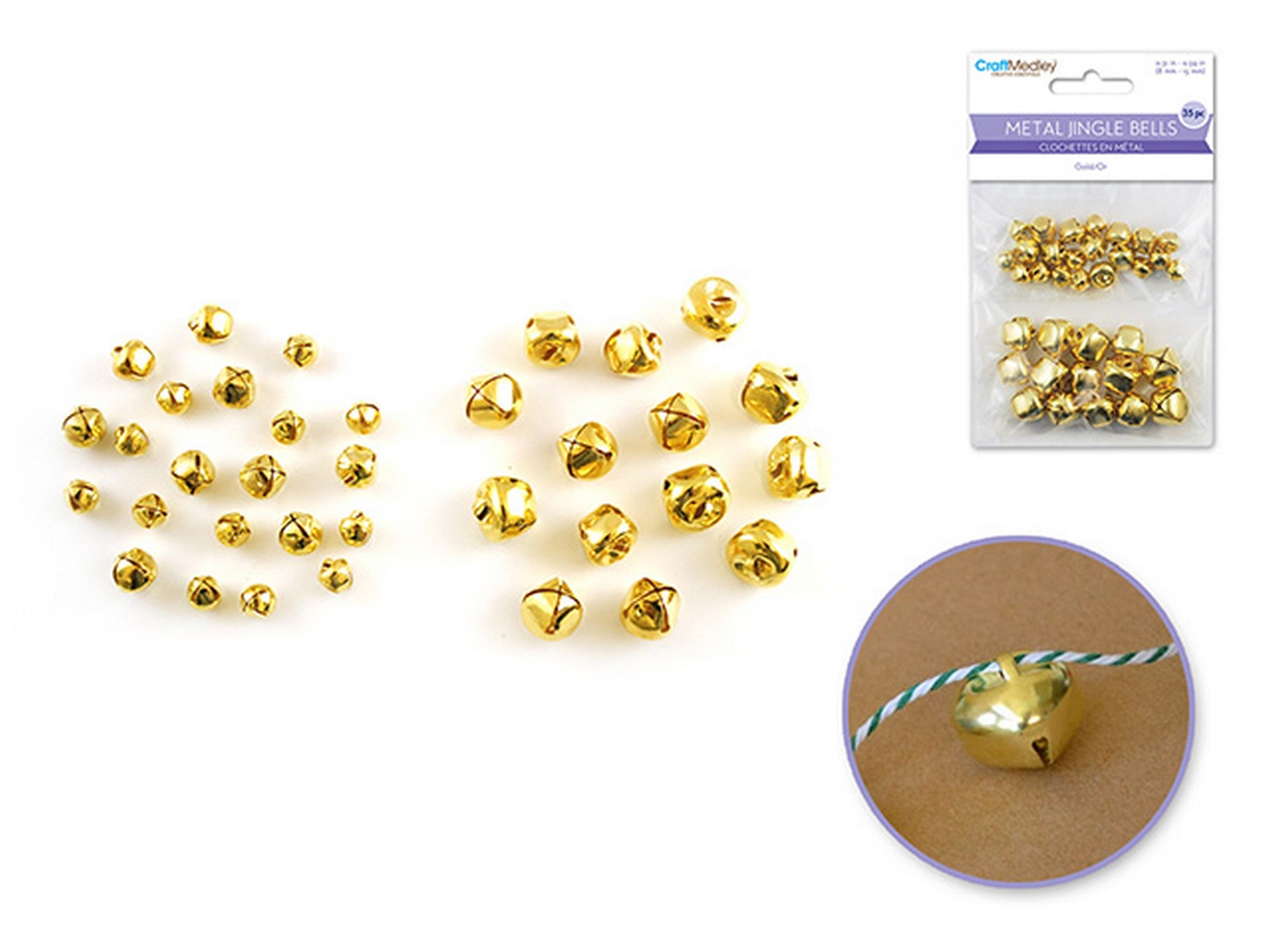 Craft Medley 35 Metal Jingle Bells Gold 0.31in to 0.59in