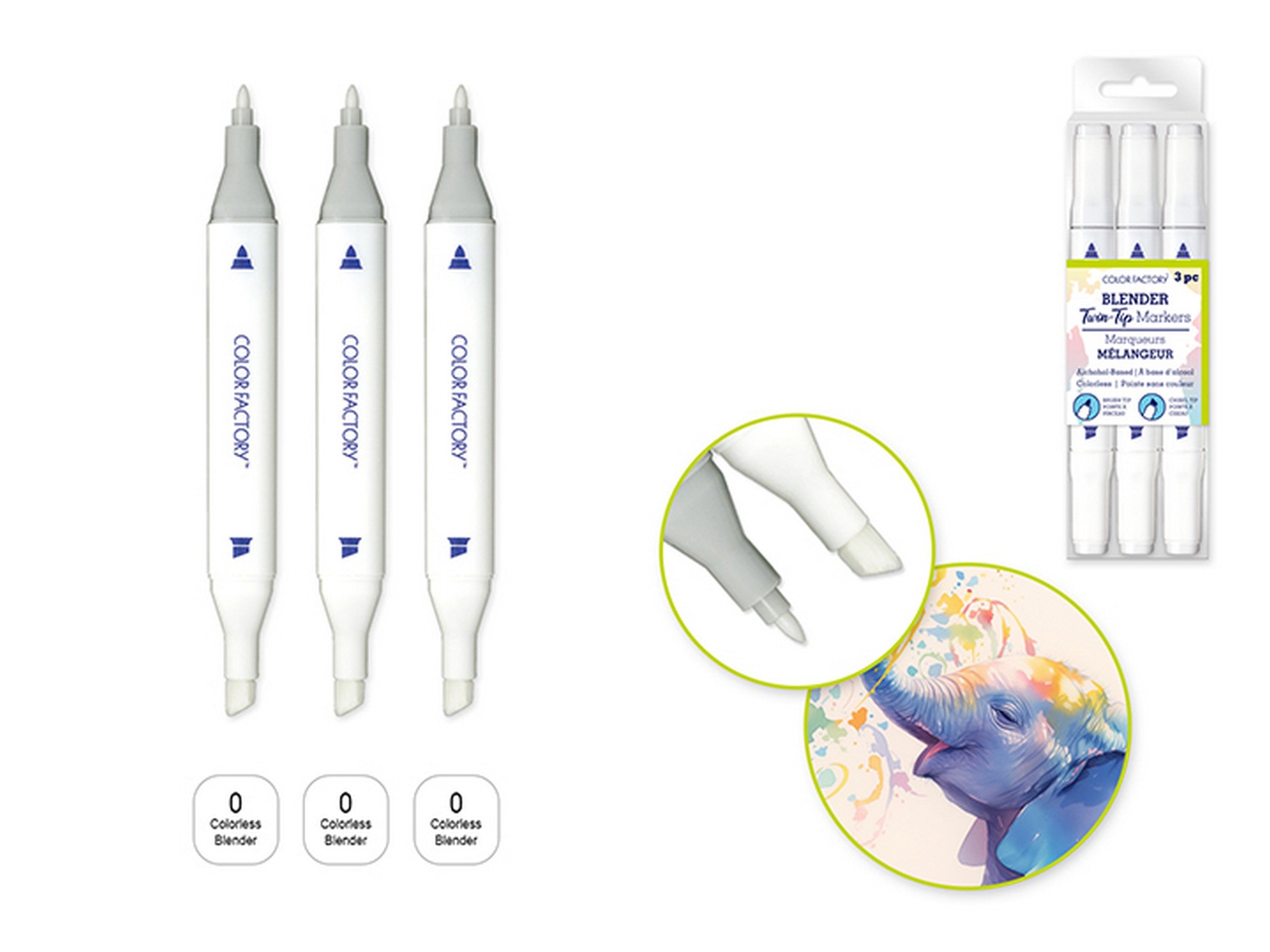Color Factory 3 Alcohol Based Twin Markers - Fine+Chisel Tips - Clear Blender