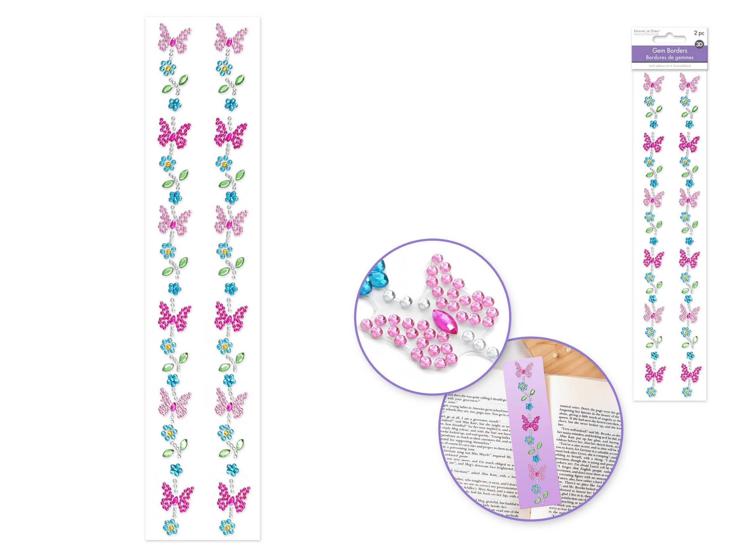 Forever in Time 2 Gem Border Stickers - Pink Butterflies 12in