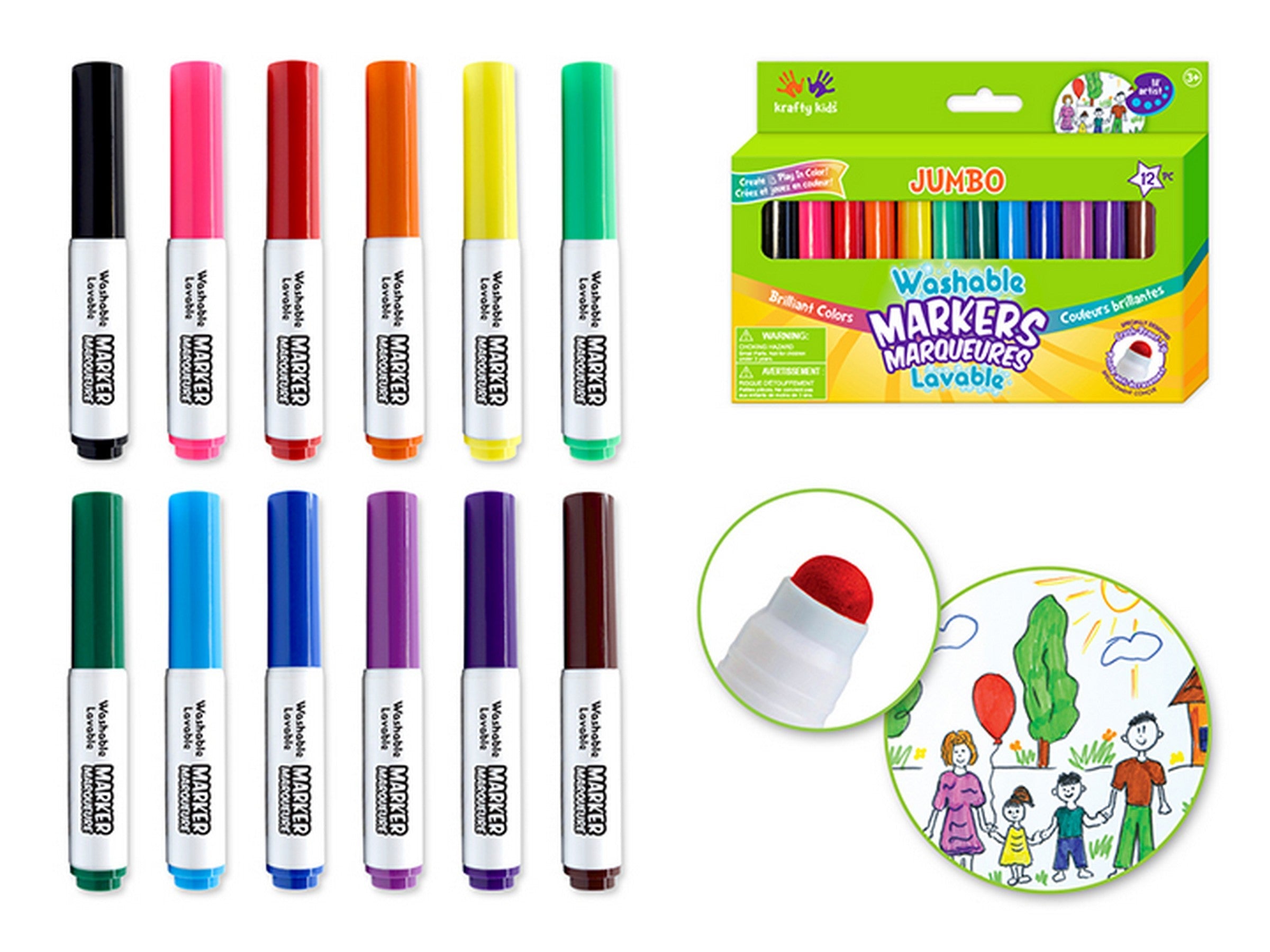 Krafty Kids 12 Washable Jumbo-Tip Markers Crush-Proof Tip