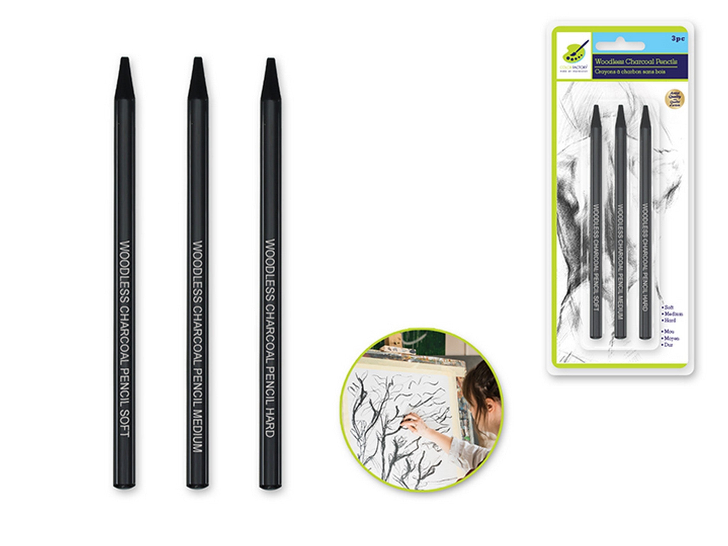 Color Factory 3 Woodless Charcoal Pencils Soft/Med/Hard
