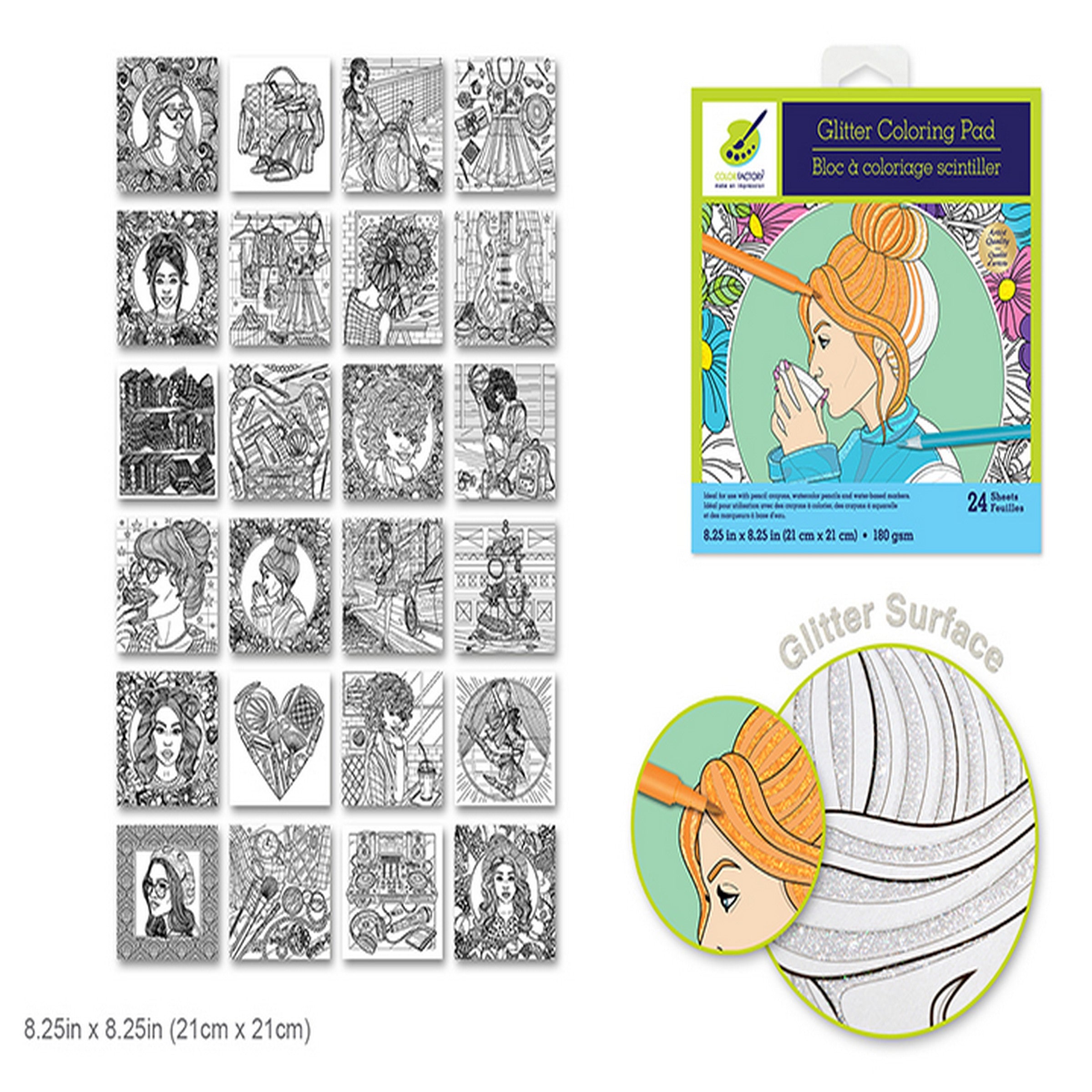 Color Factory Glitter Coloring Pad - Glamourous 24 Sheets 8.25x8.25in