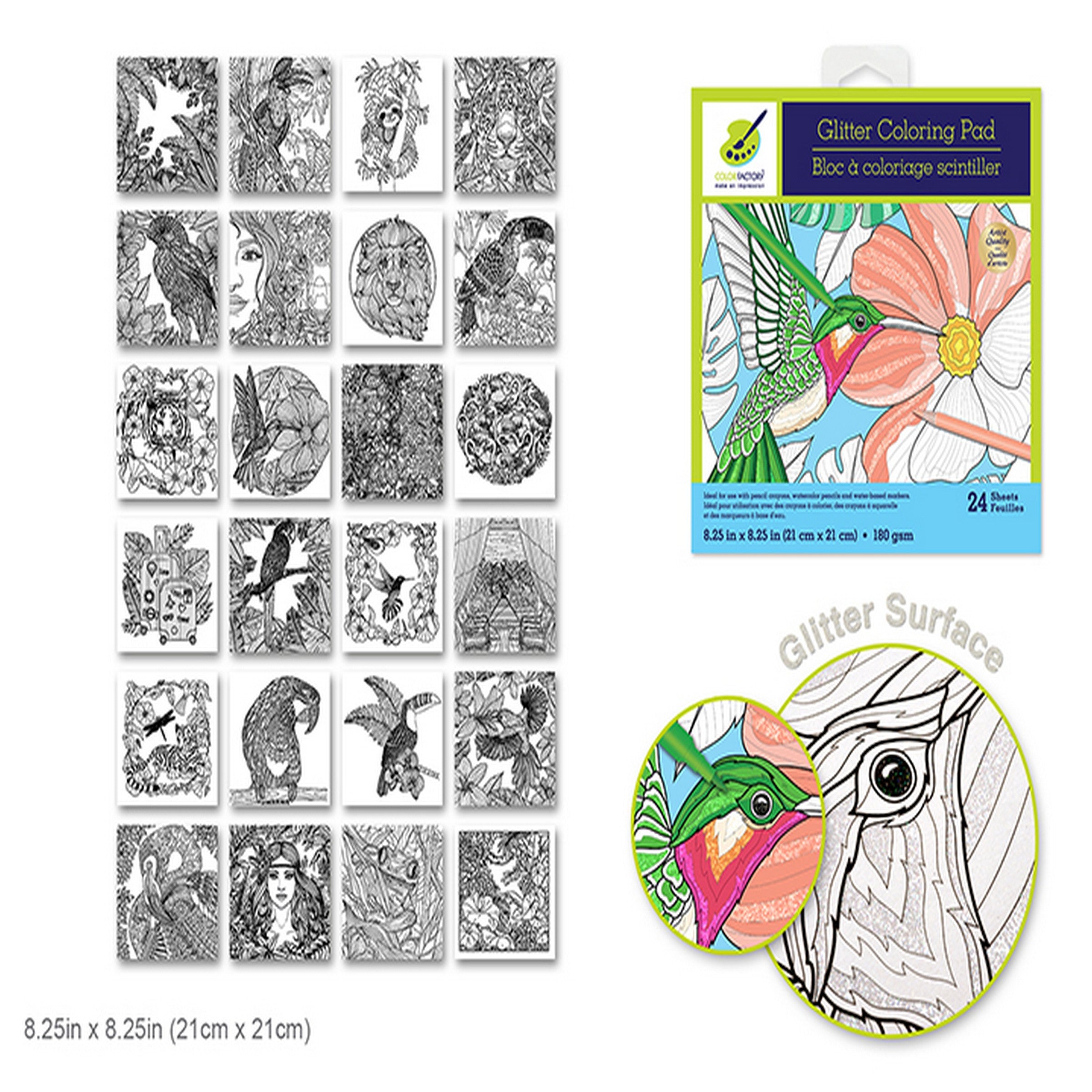 Color Factory Glitter Coloring Pad - Exotic Animals 24 Sheets 8.25x8.25in
