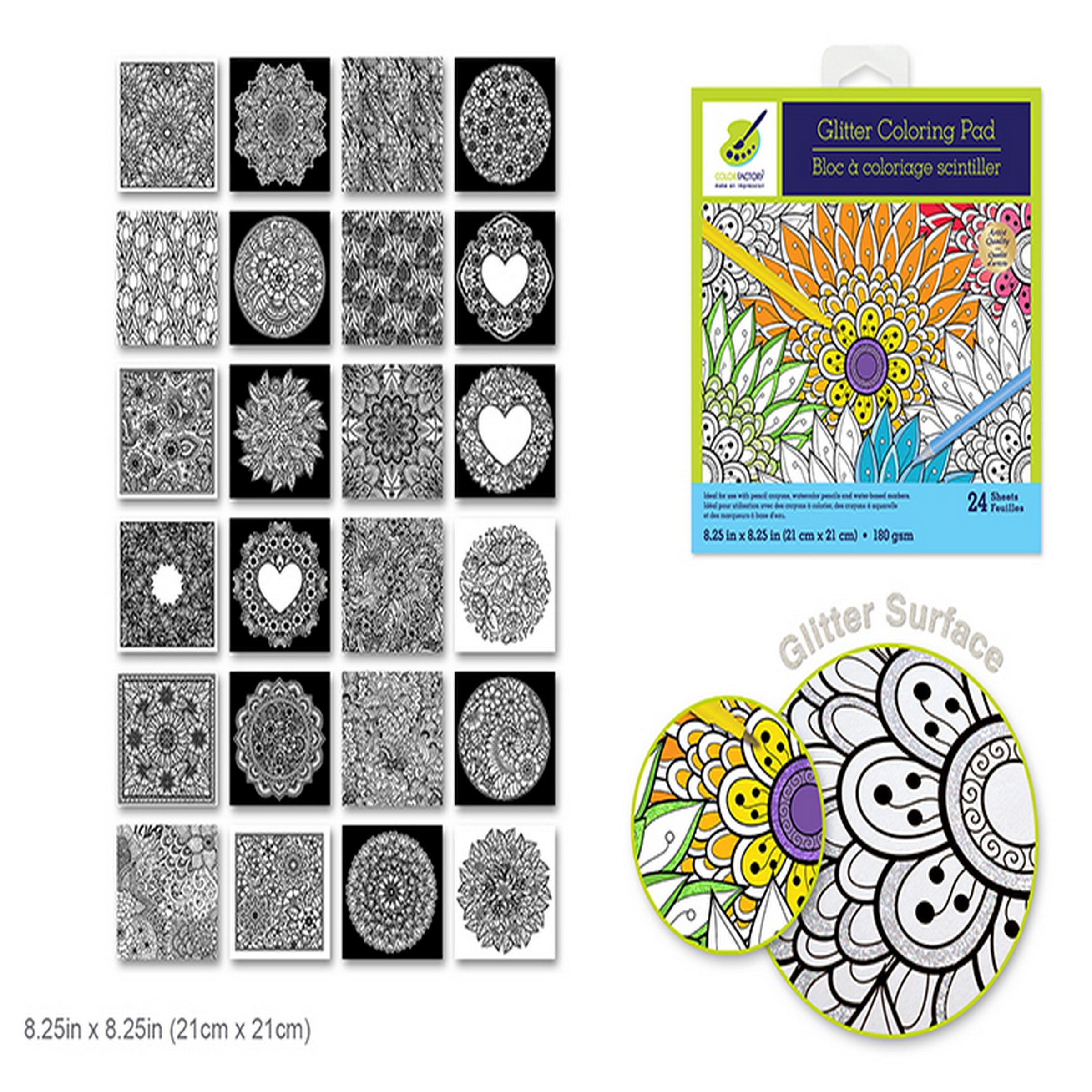 Color Factory Glitter Coloring Pad - Floral Abstract 24 Sheets 8.25x8.25in