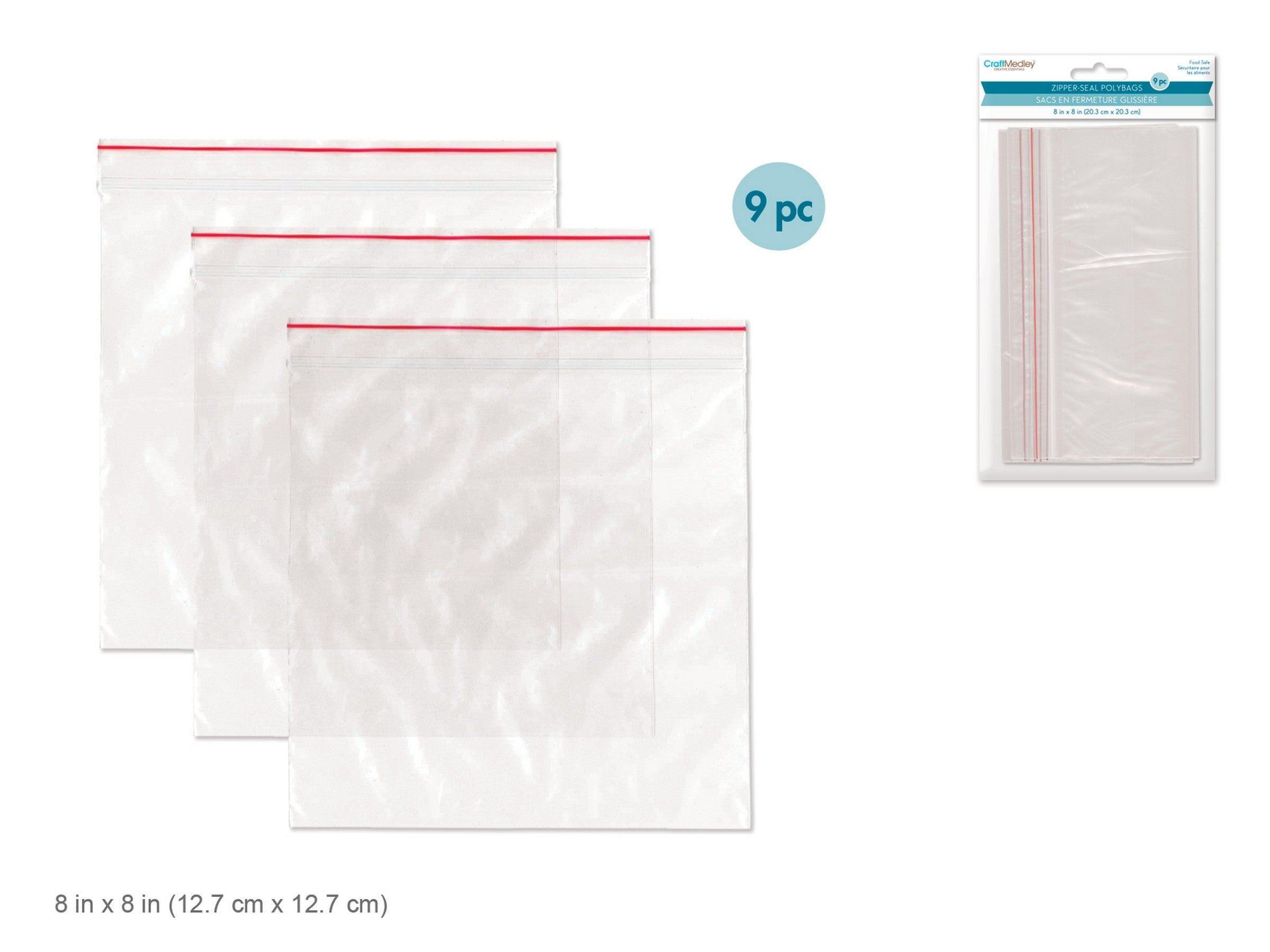 Craft Medley 9 Clear Plastic Ziplock Bags 8x8in
