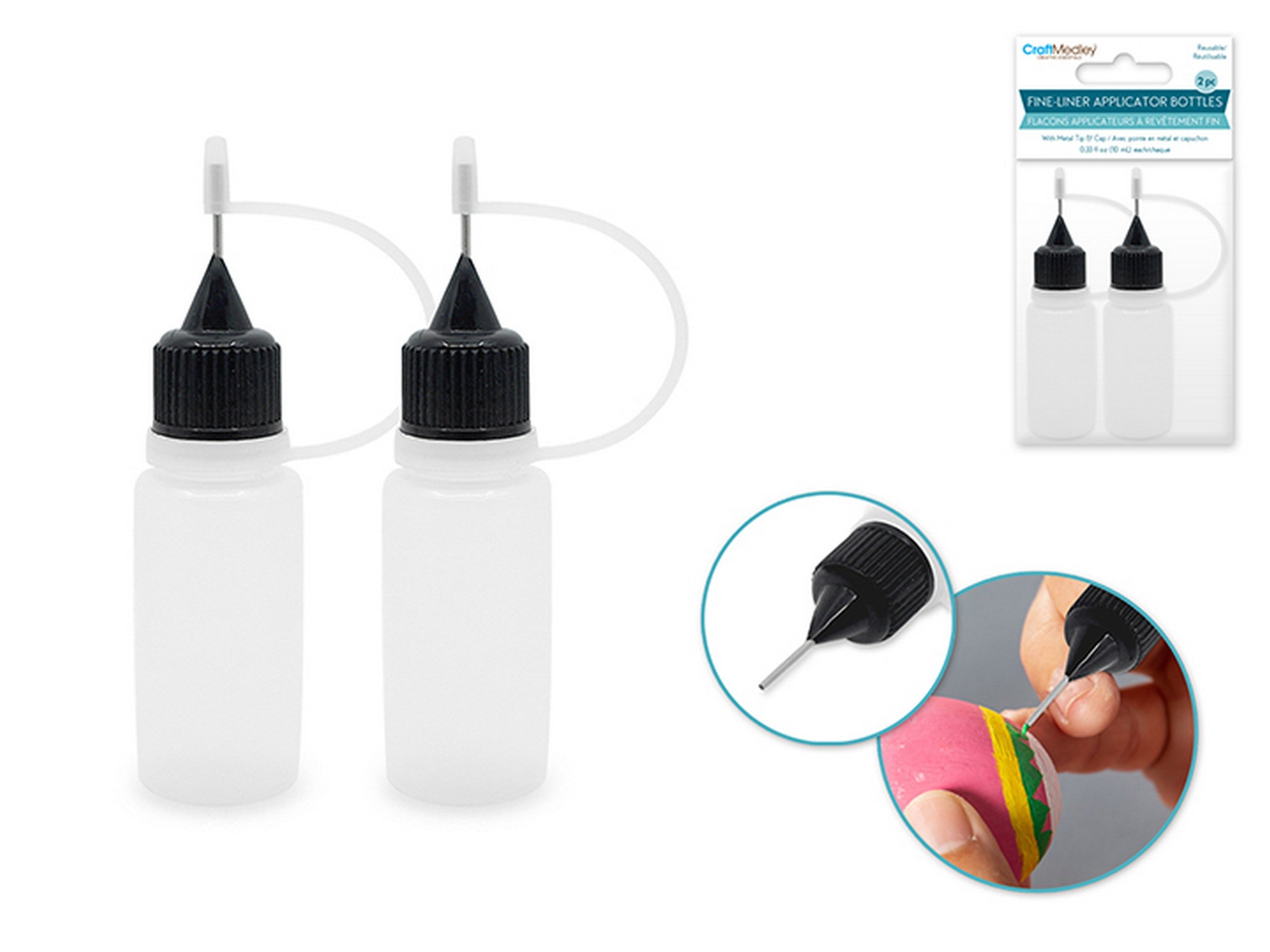 Craft Medley 2 Plastic Fine-liner Applicator Bottles with Cap et Metal Tip 0.3oz (10ml)