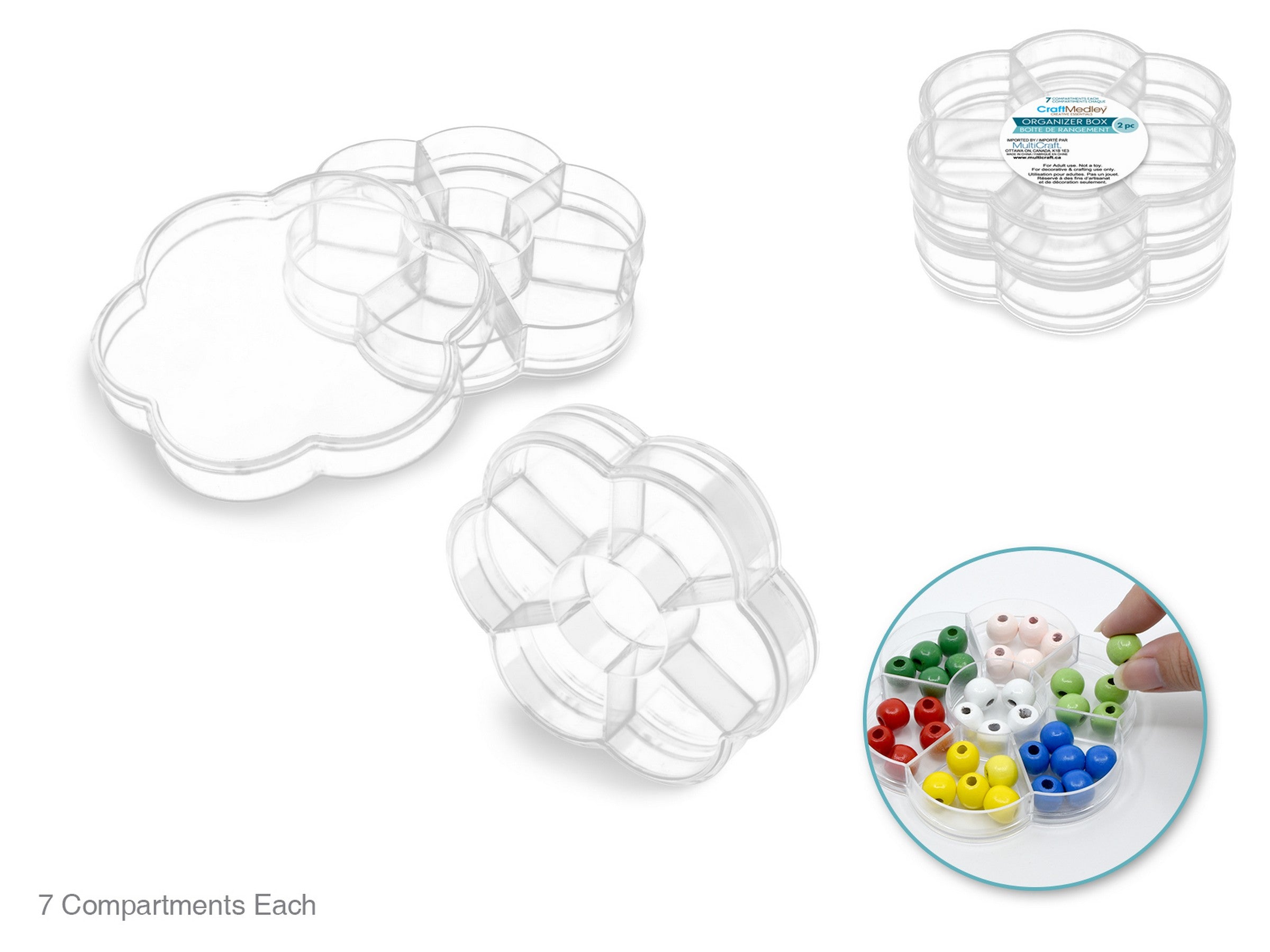 Craft Medley 2 Plastic Organizer Boxes with 7 Compartments - Flower Shape 4in