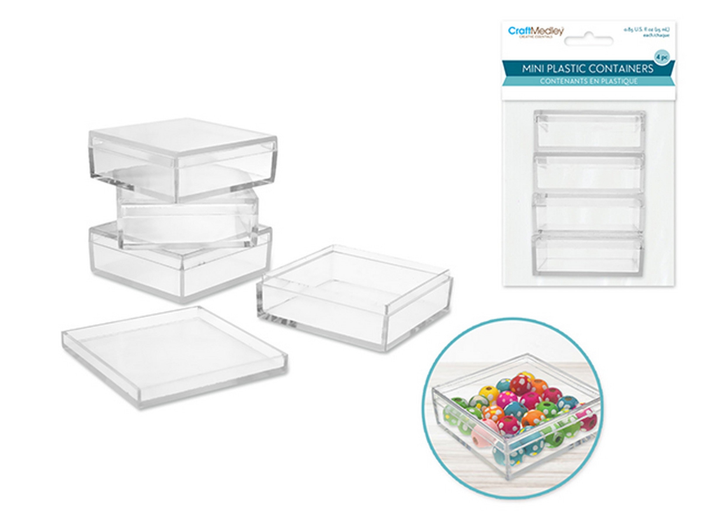Craft Medley 4 Mini Square Plastic Containers with Lid 0.85oz each