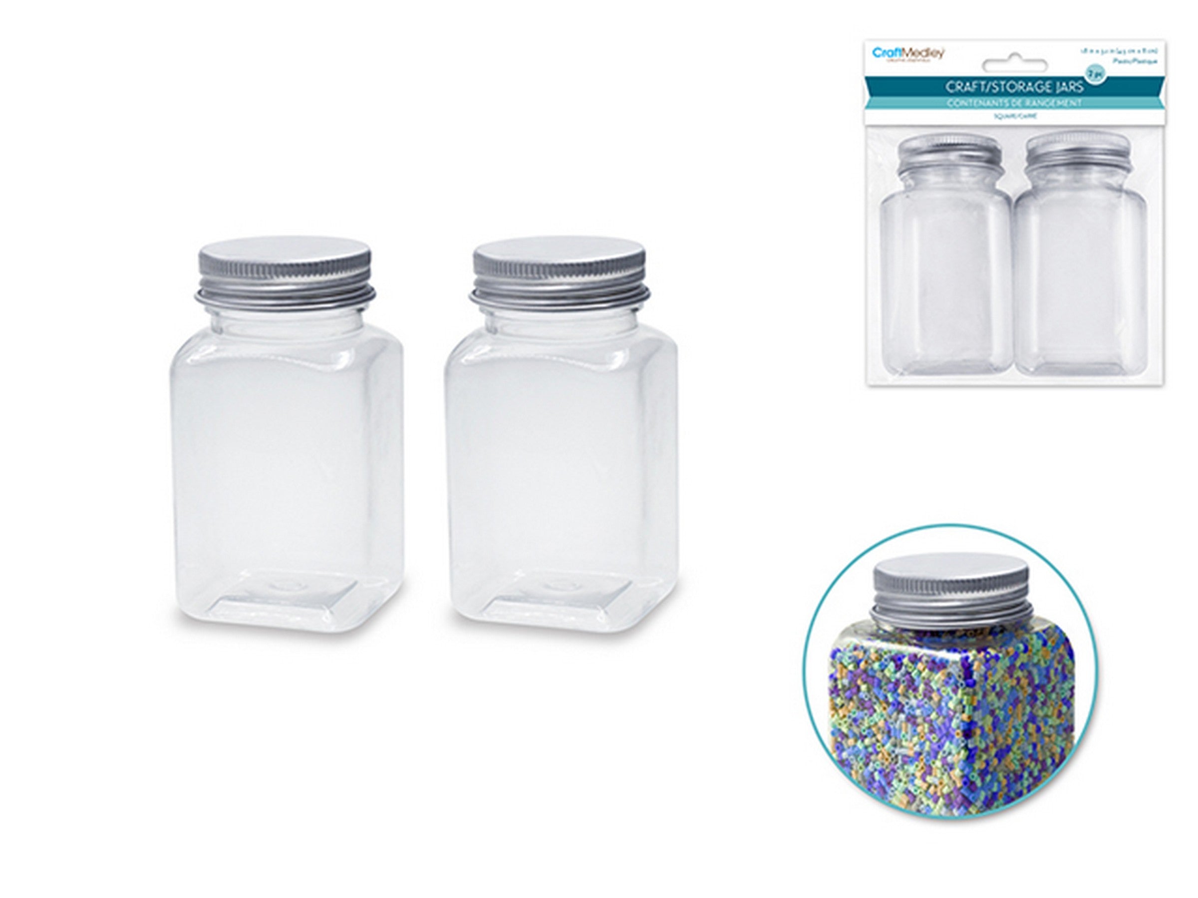 Craft Medley 2 Square Craft or Storage Plastic Jars with Screw-on Cap 1.8x3.2in