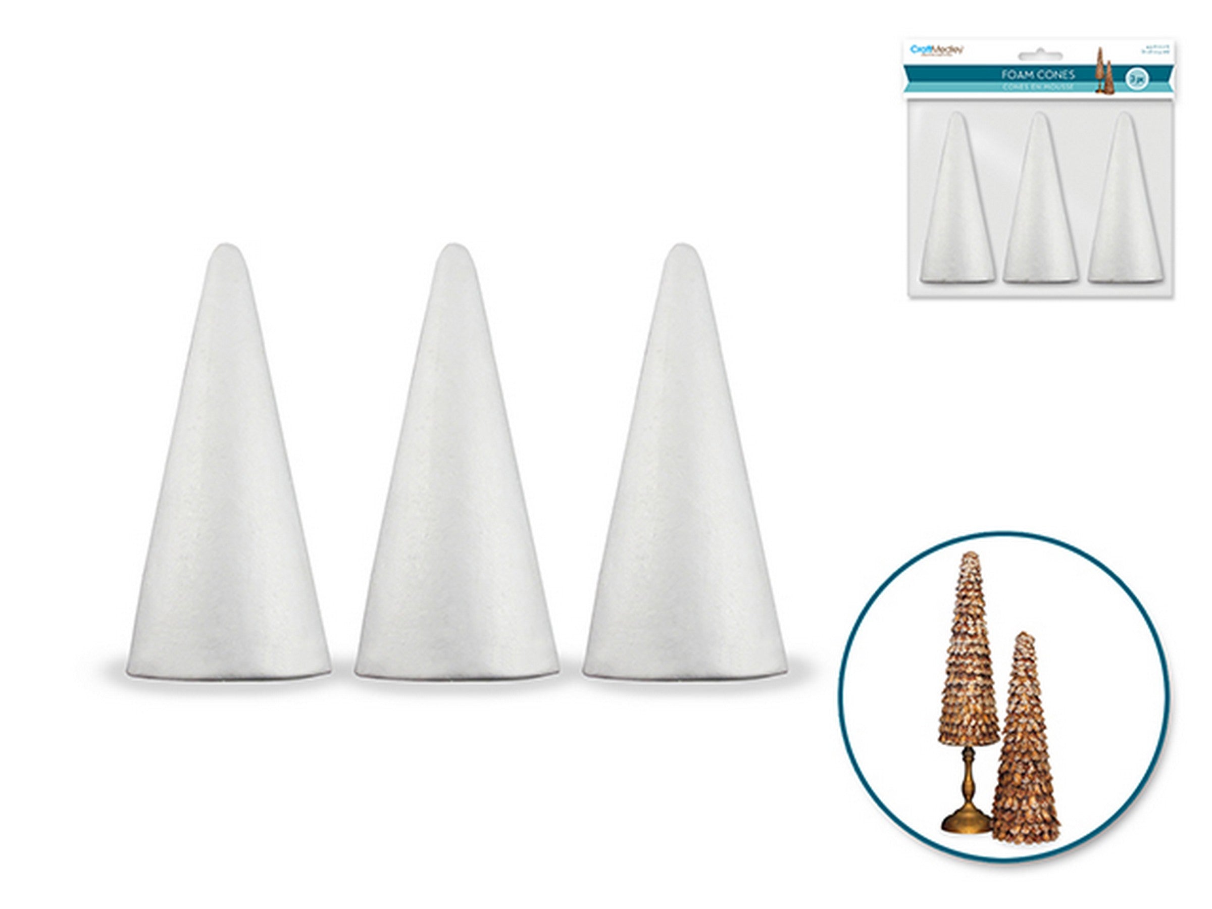 Craft Medley 3 White Foam Cones 4.3x2in