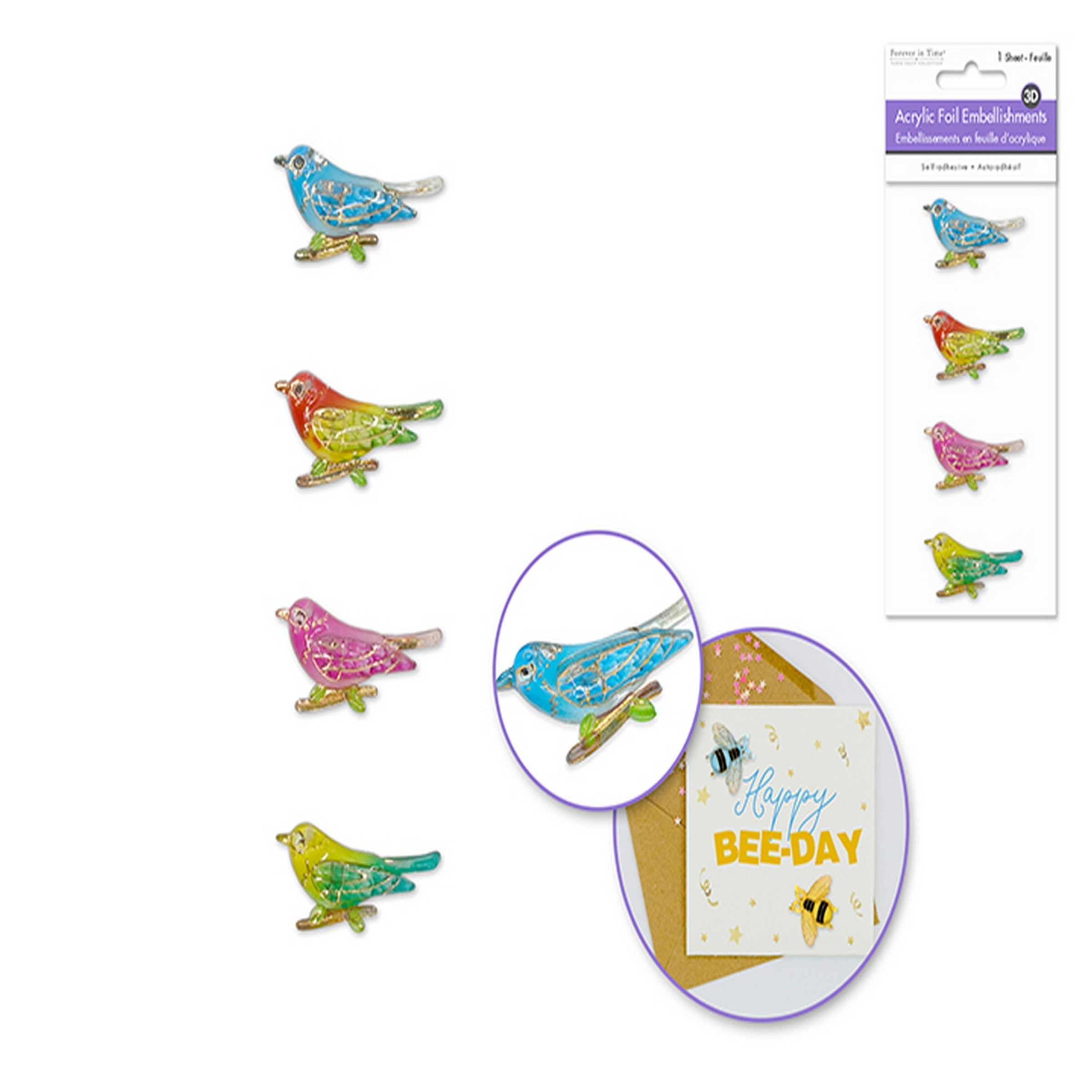 Forever in Time 4 3D Acrylic Foil Self-adhesive Embellishments - Chickadee 1.25x0.75in