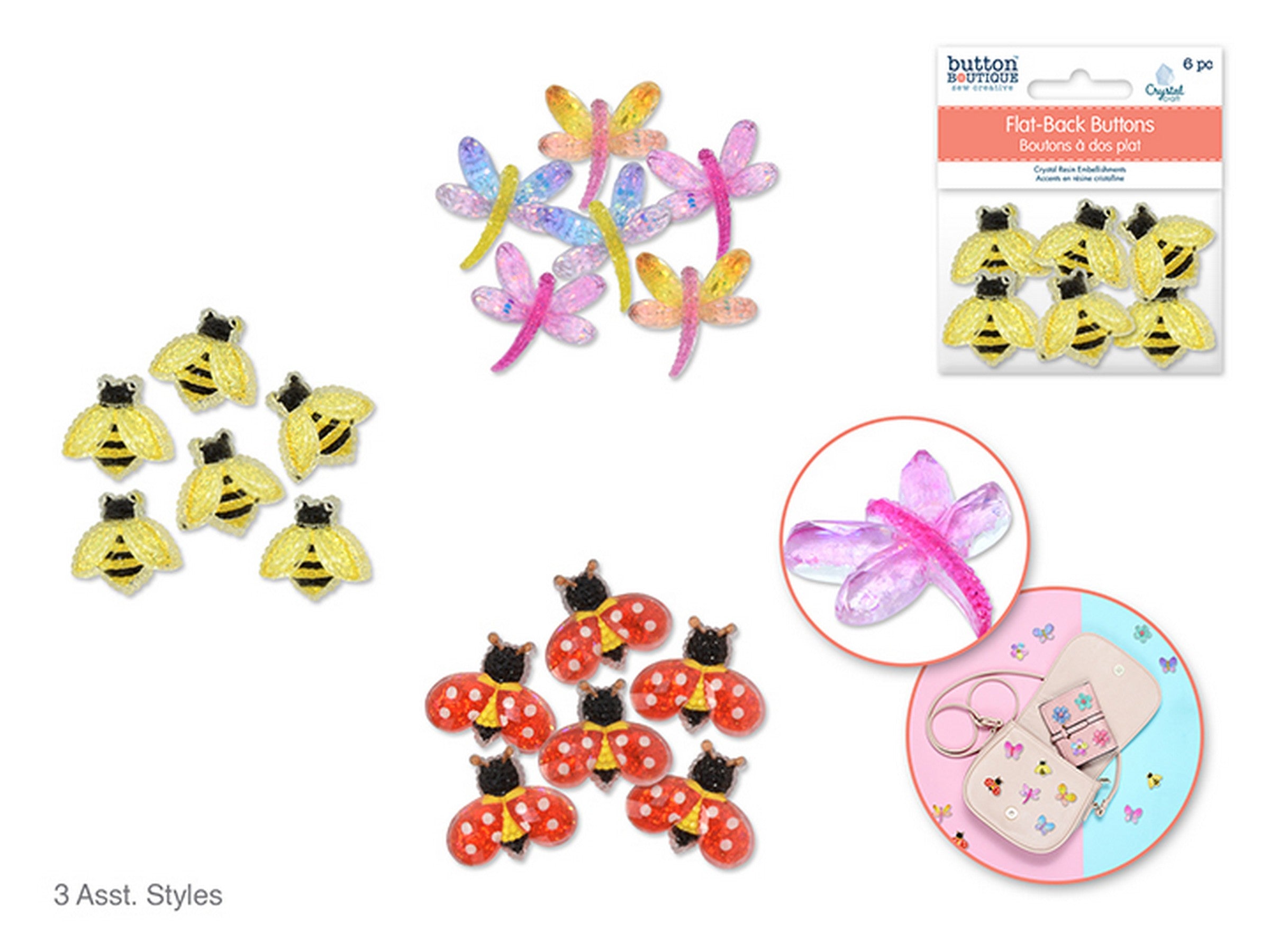 Button Boutique 6 Flat-Back Crystal Resin Buttons - Flying Friends VRT