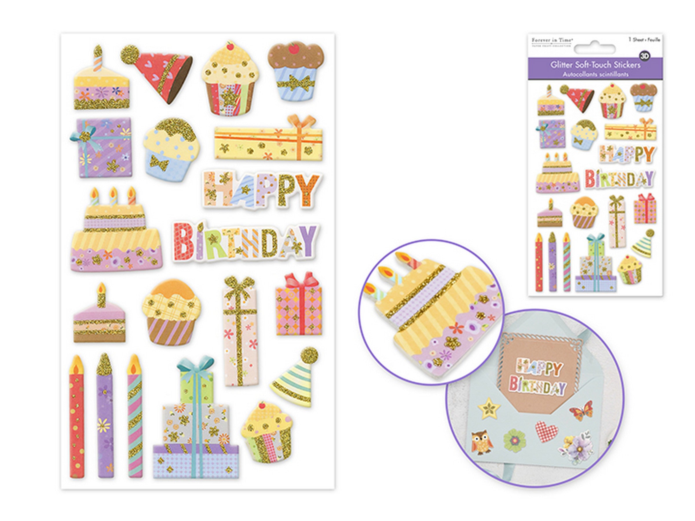 Forever in Time 3D Glitter Soft Touch Stickers - Happy Birthday 4x6.25in