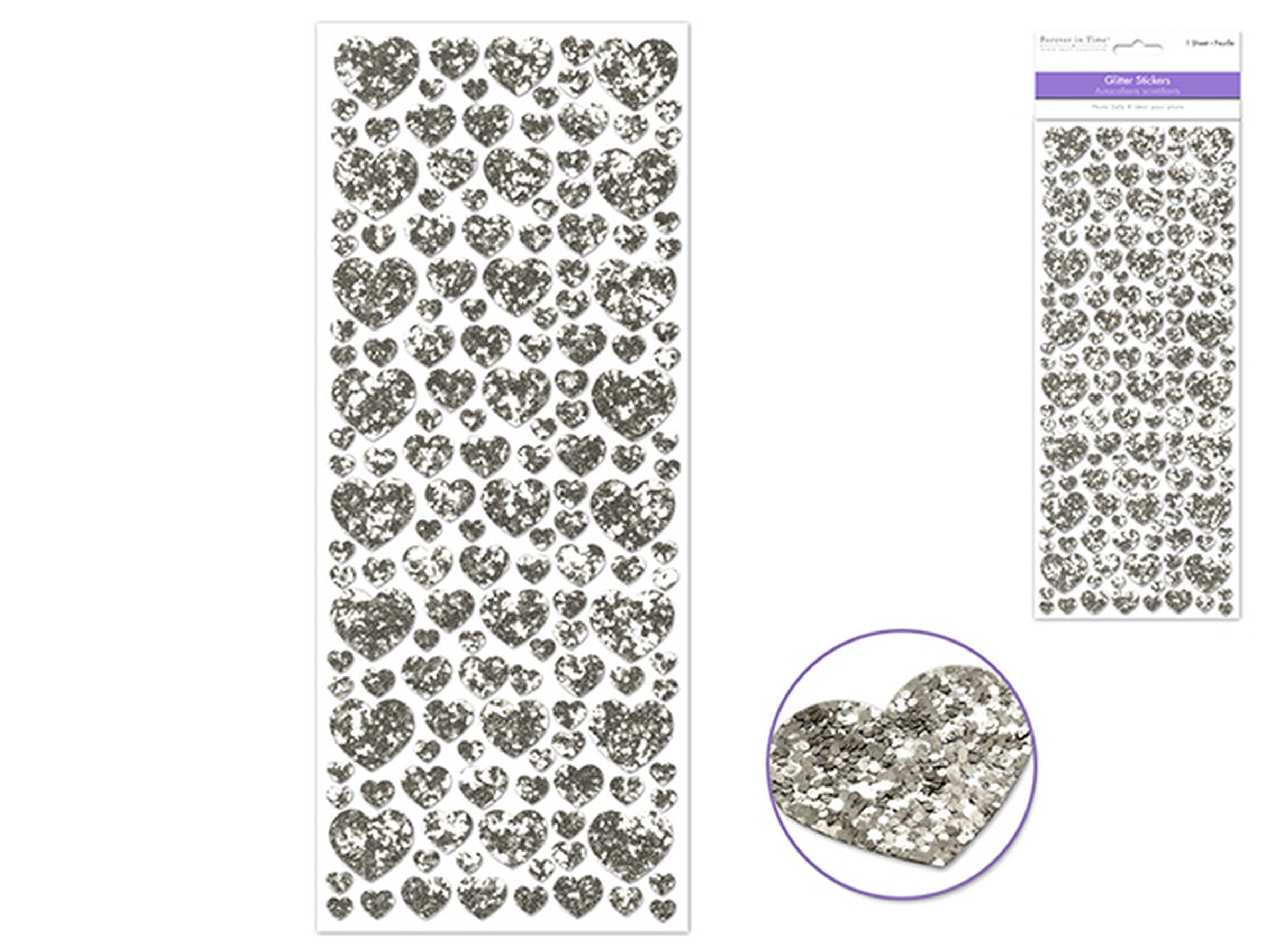 Forever in Time Silver Hearts Glitter Stickers 12x5in sheet