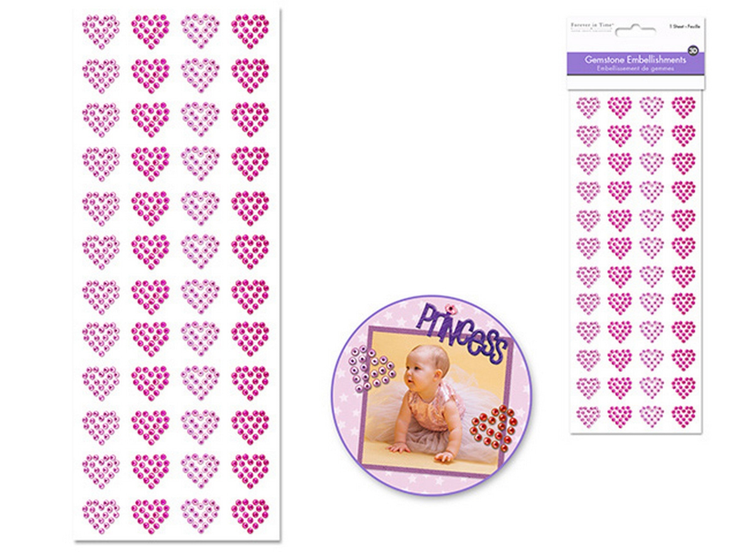 Forever in Time Gemstone Embellishments Stickers Pink Hearts 10.5x3.75in sheet