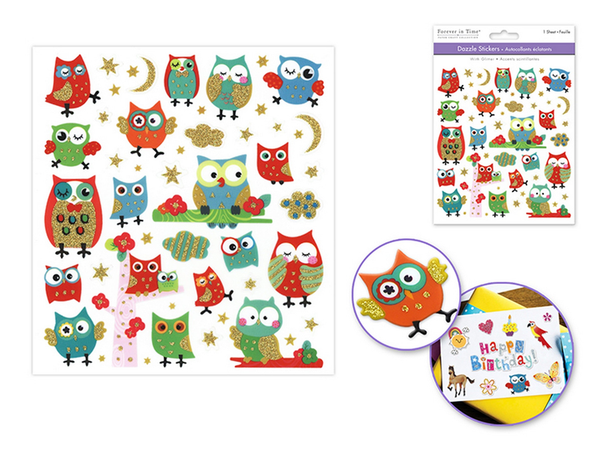 Forever in Time Dazzle Effect Stickers - Glitter Owls 6x6.5in