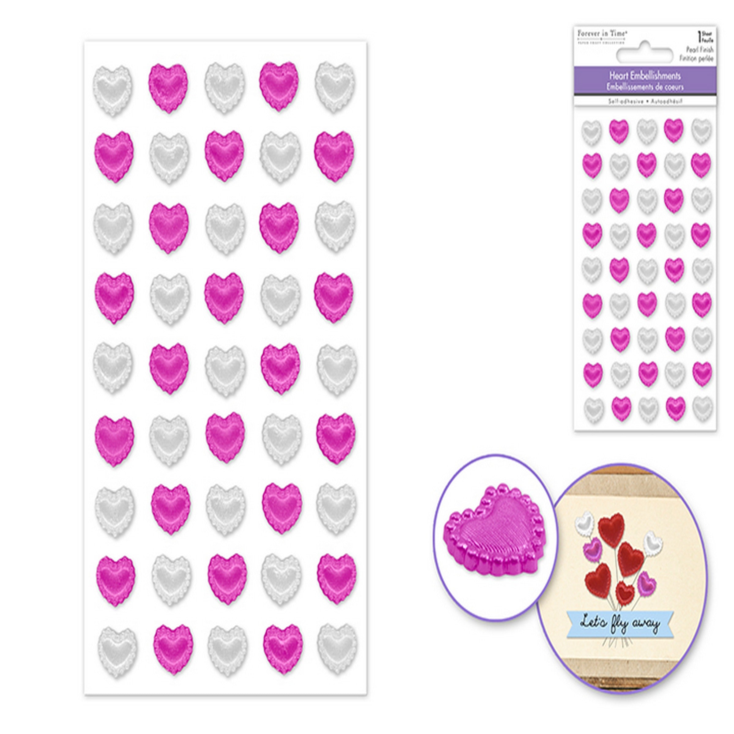 Forever in Time 3D Pearlized White and Pink Puffy Heart Stickers with Dot Border 0.4in
