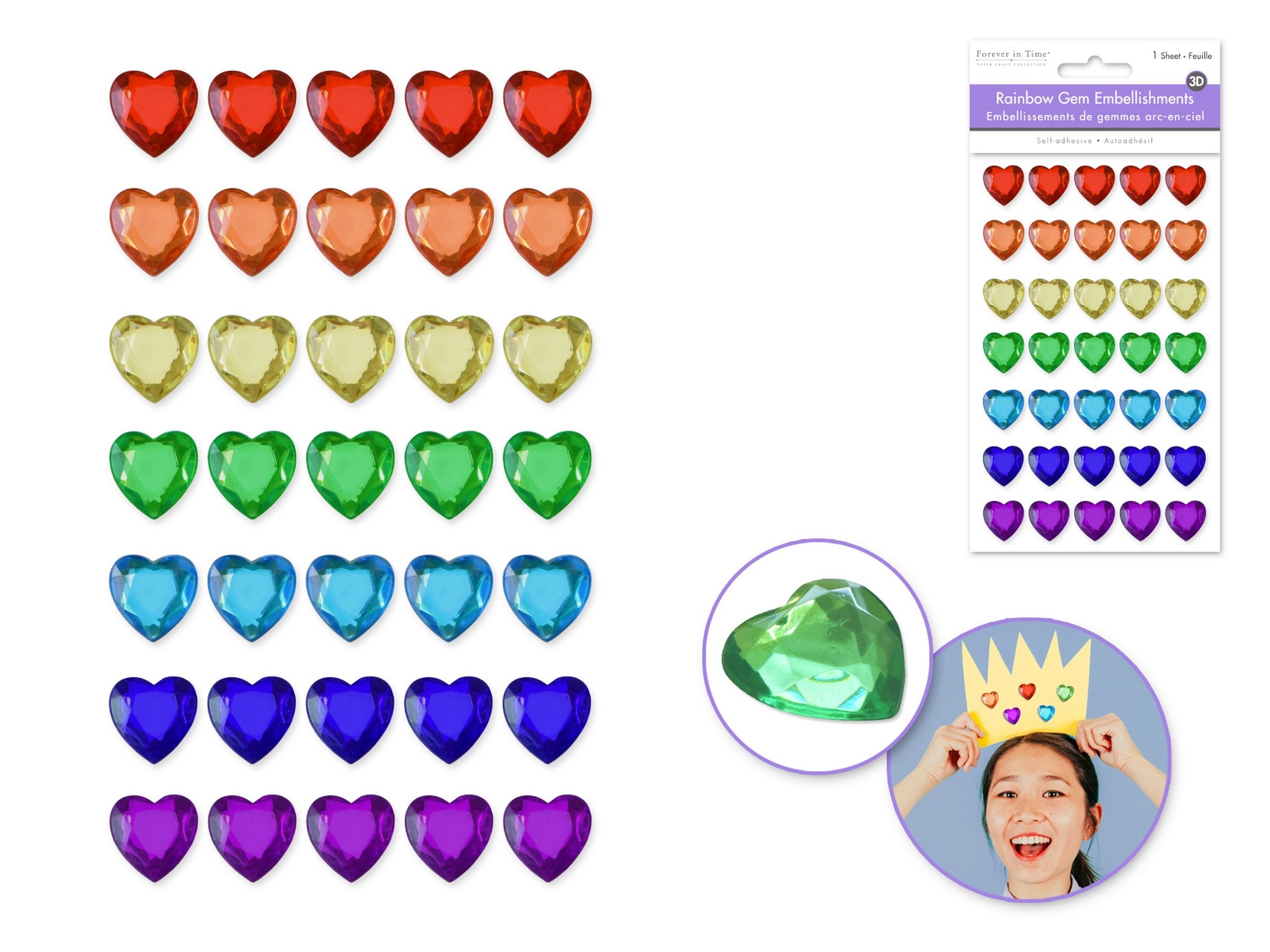 Forever in Time 3D Rainbow Gem Parade Stickers - Hearts 3.7x6.1in