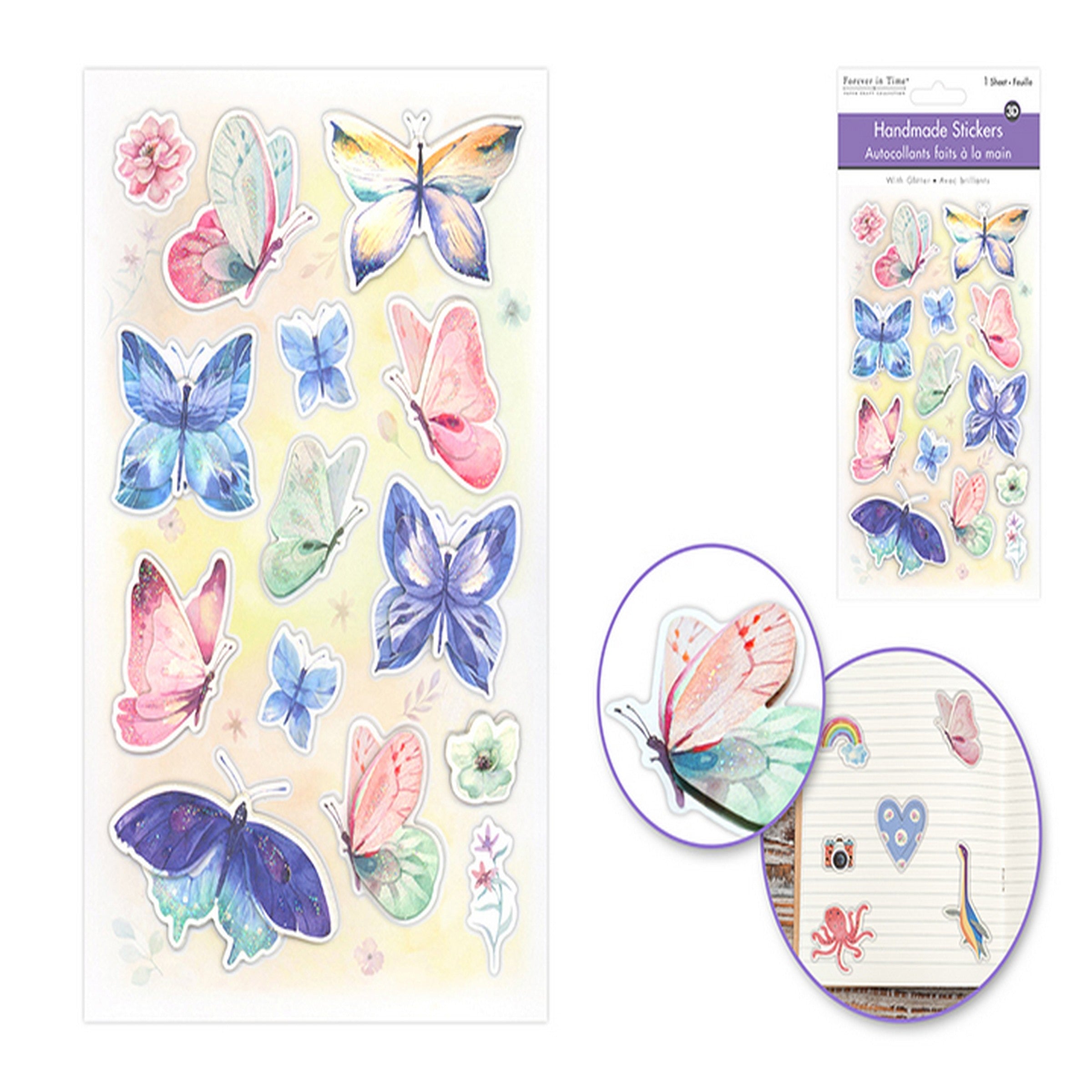 Forever in Time 3D Paper with Glitter Handmade Stickers - Butterflies 4.3x6.7in