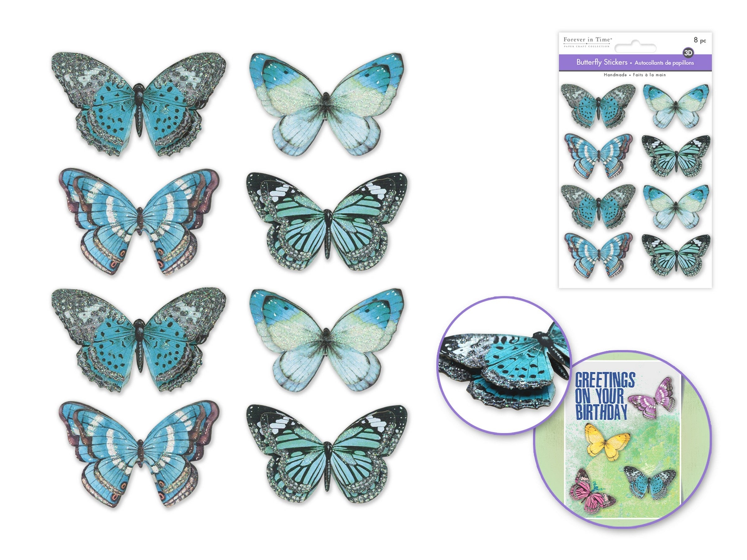 Forever in Time 8 Handmade Stickers Glitter 3D Blue Butterflies 2x1.4in