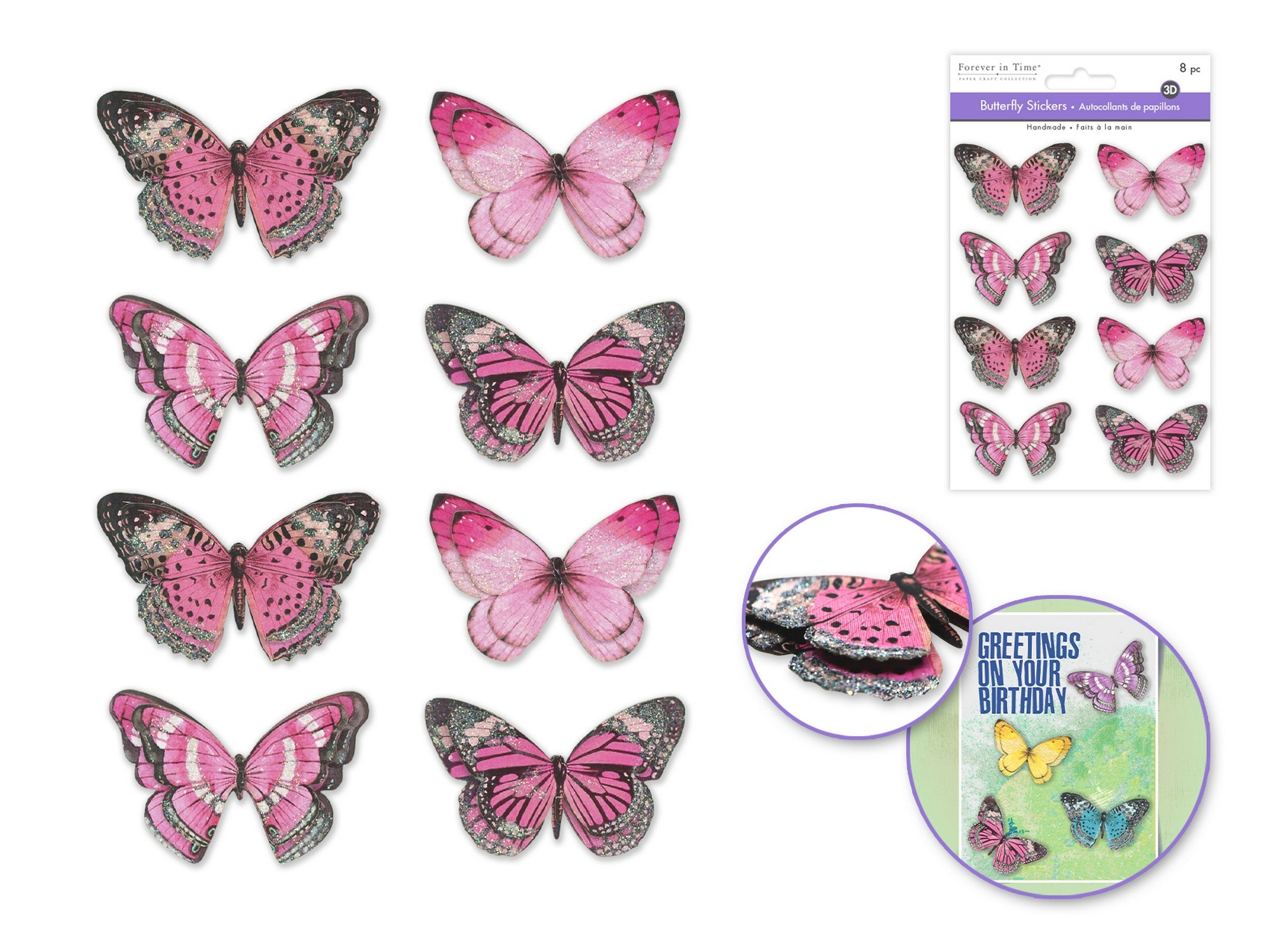 Forever in Time 8 Handmade Stickers Glitter 3D Pink Butterflies 2x1.4in