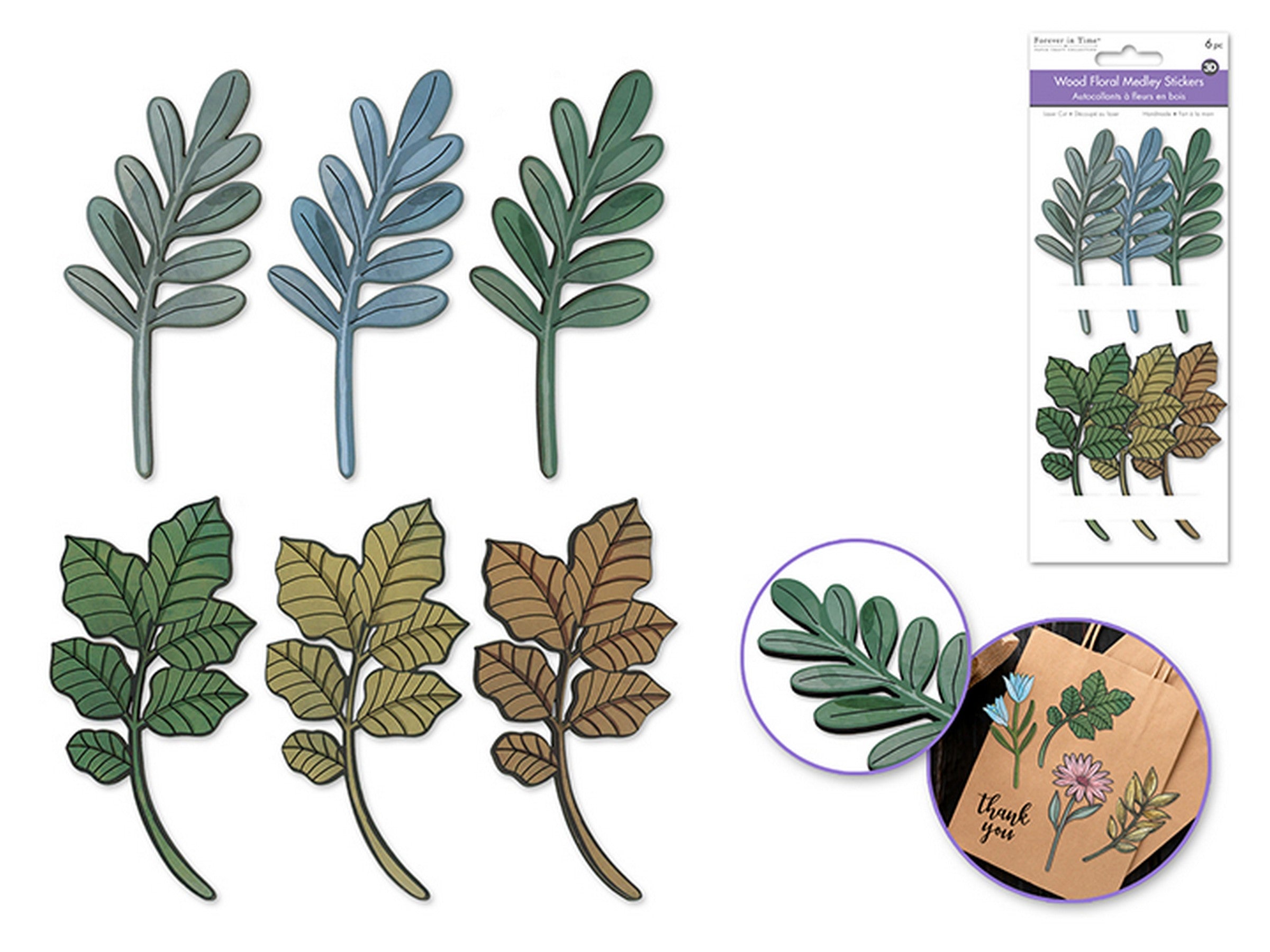 Forever in Time 3D Laser Cut Wood Floral Stickers 6pcs - Foliage Frenzy 3.5x8.3in