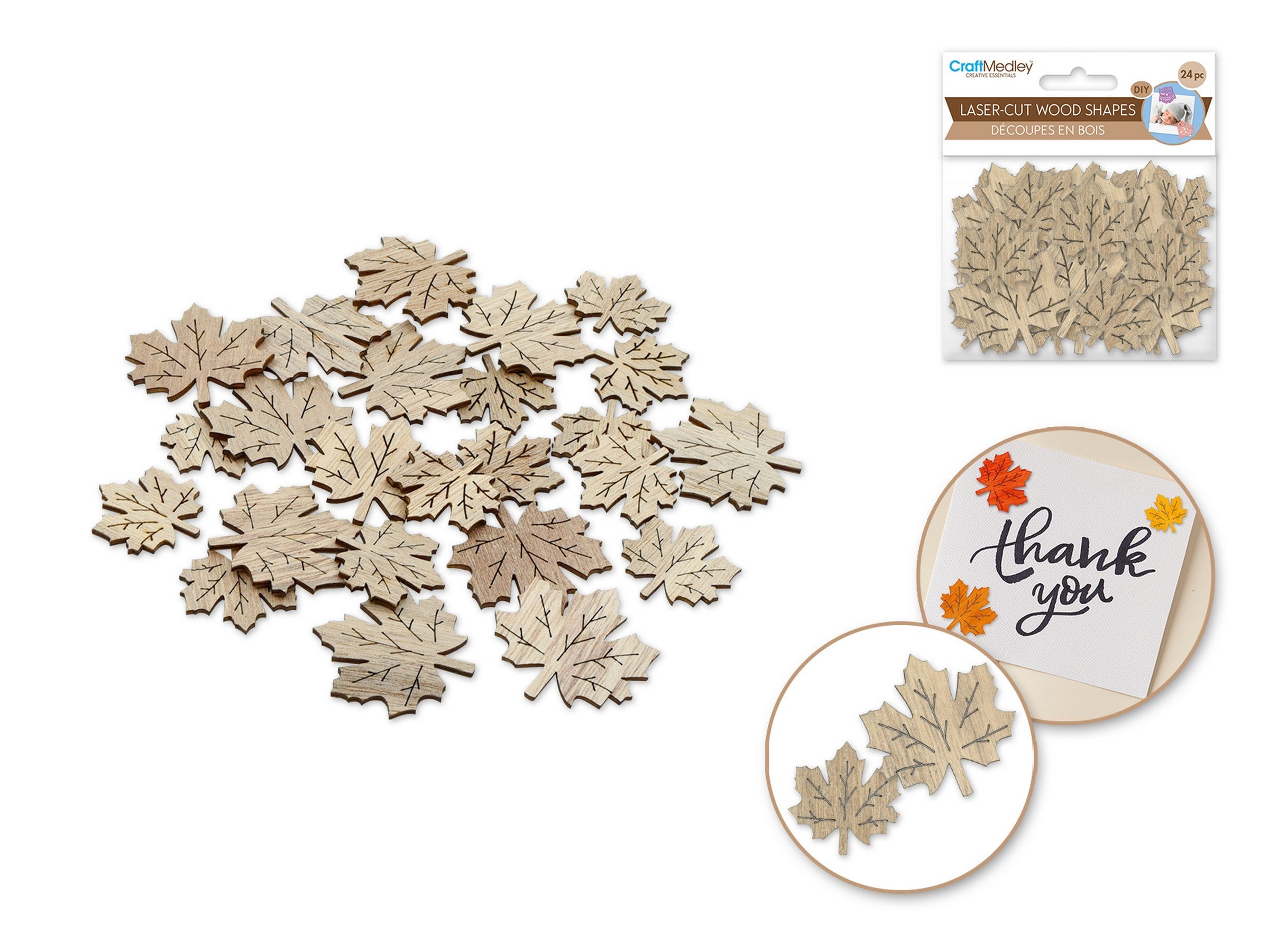 Craft Medley 24 Laser-Cut Unpainted Wood Shapes - Maple Leaves 1.2in - 1.6in