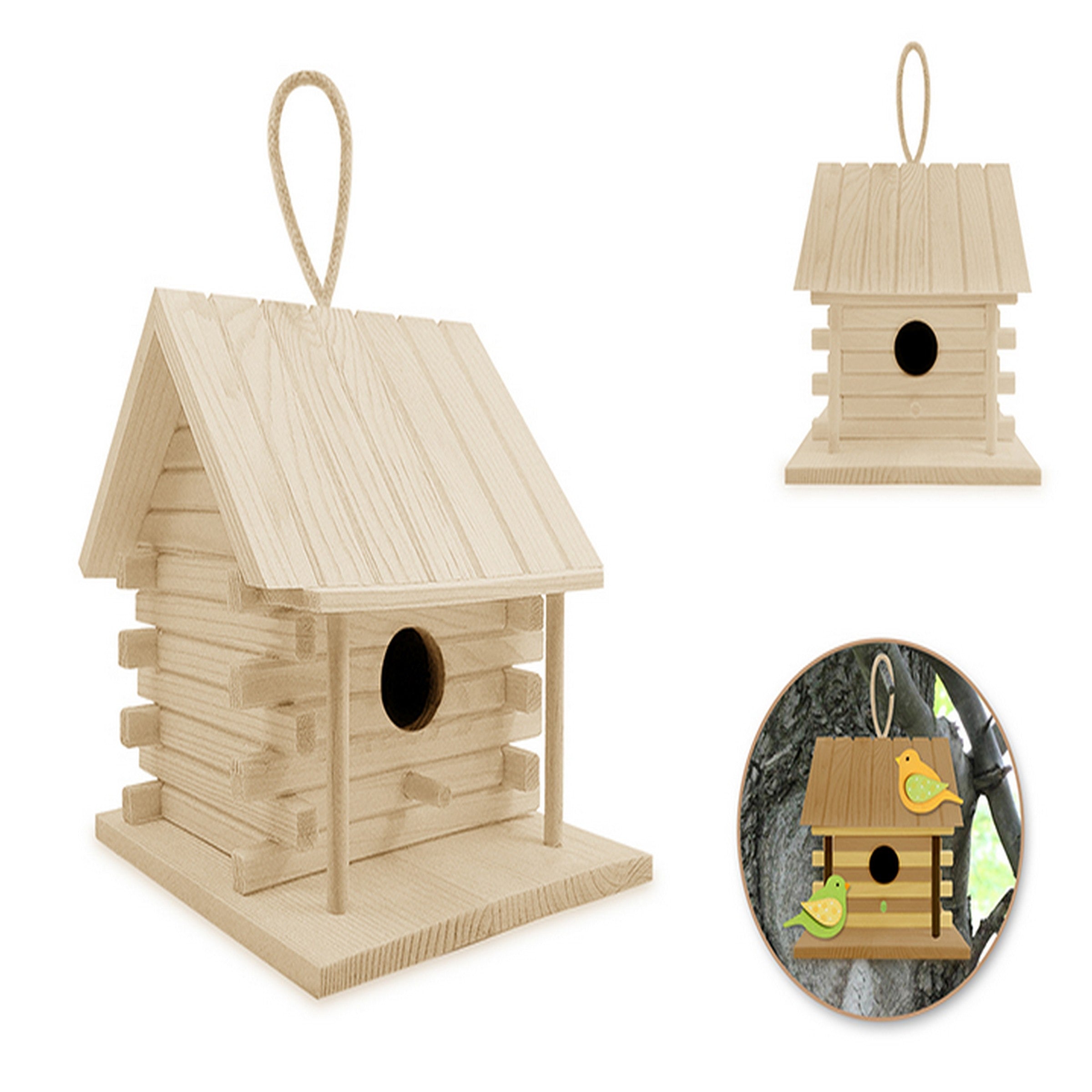 Craft Medley DIY Unpainted Wooden Log Cabin Birdhouse with Jute Hanger 5.1x5.3x5.4in