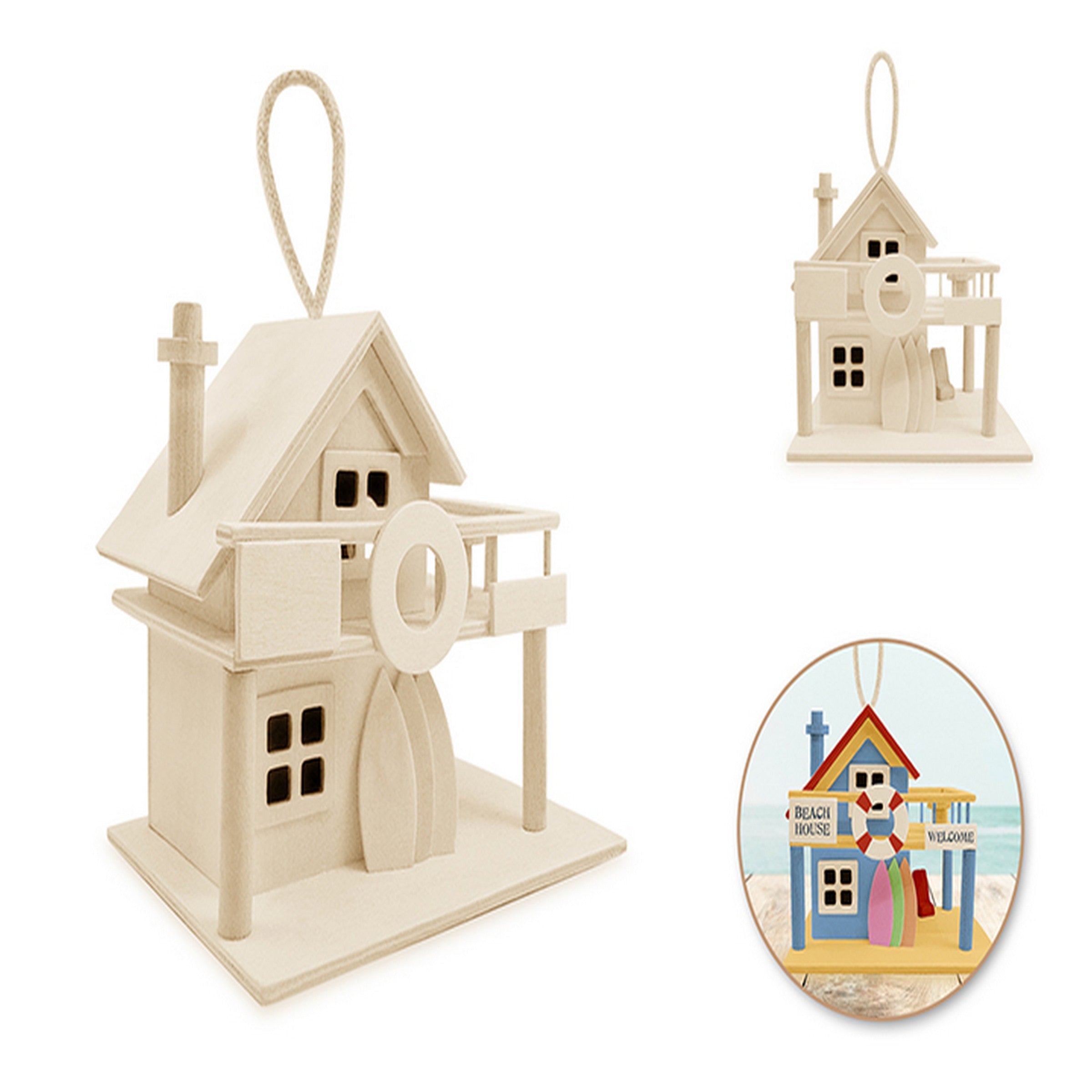 Craft Medley DIY Unpainted Wooden 2-Story Beach House Birdhouse with Jute Hanger 6.3x4.5x5.8in