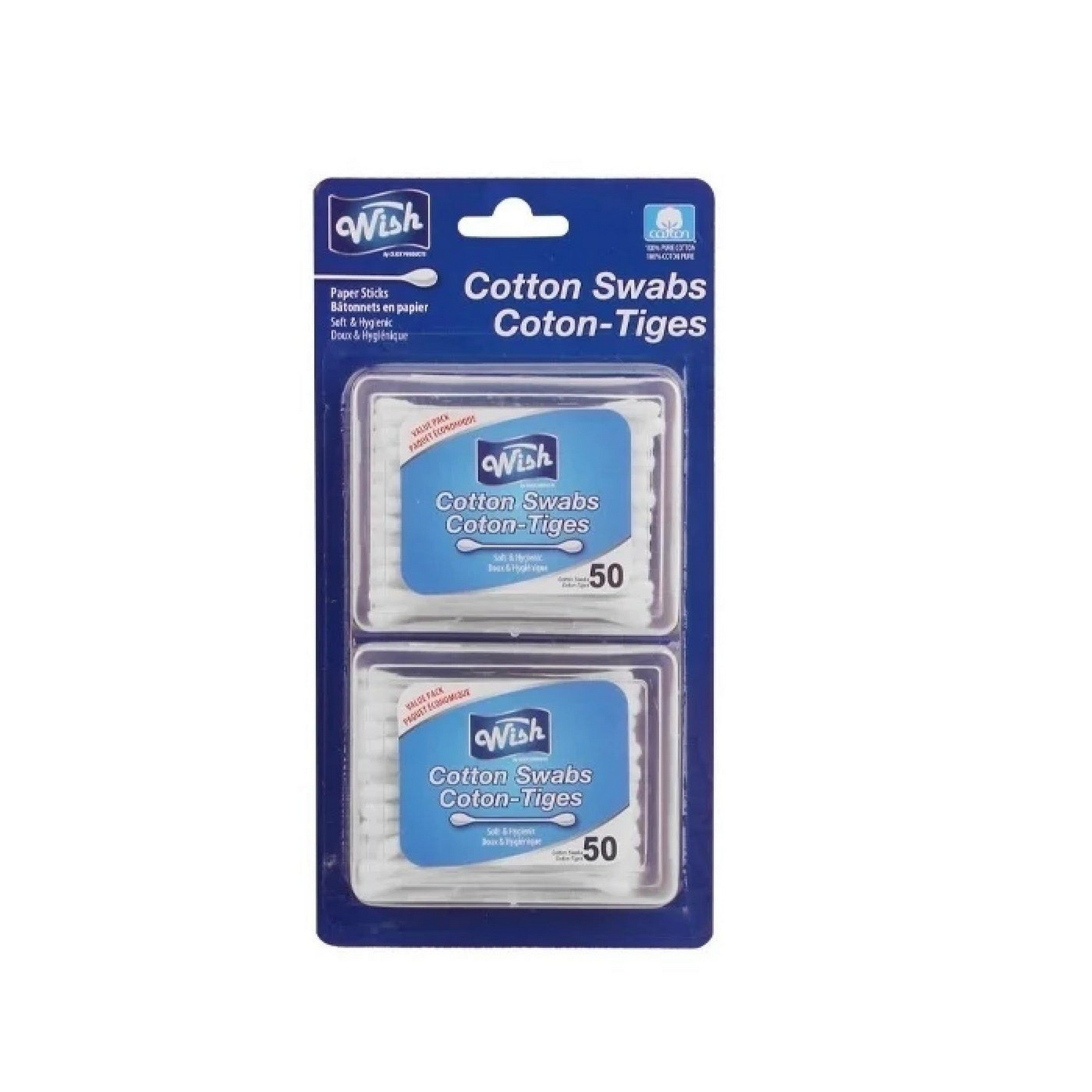Wish 2x50 Cotton Swabs - Paper Sticks with Plastic Case 3.3x2.6in