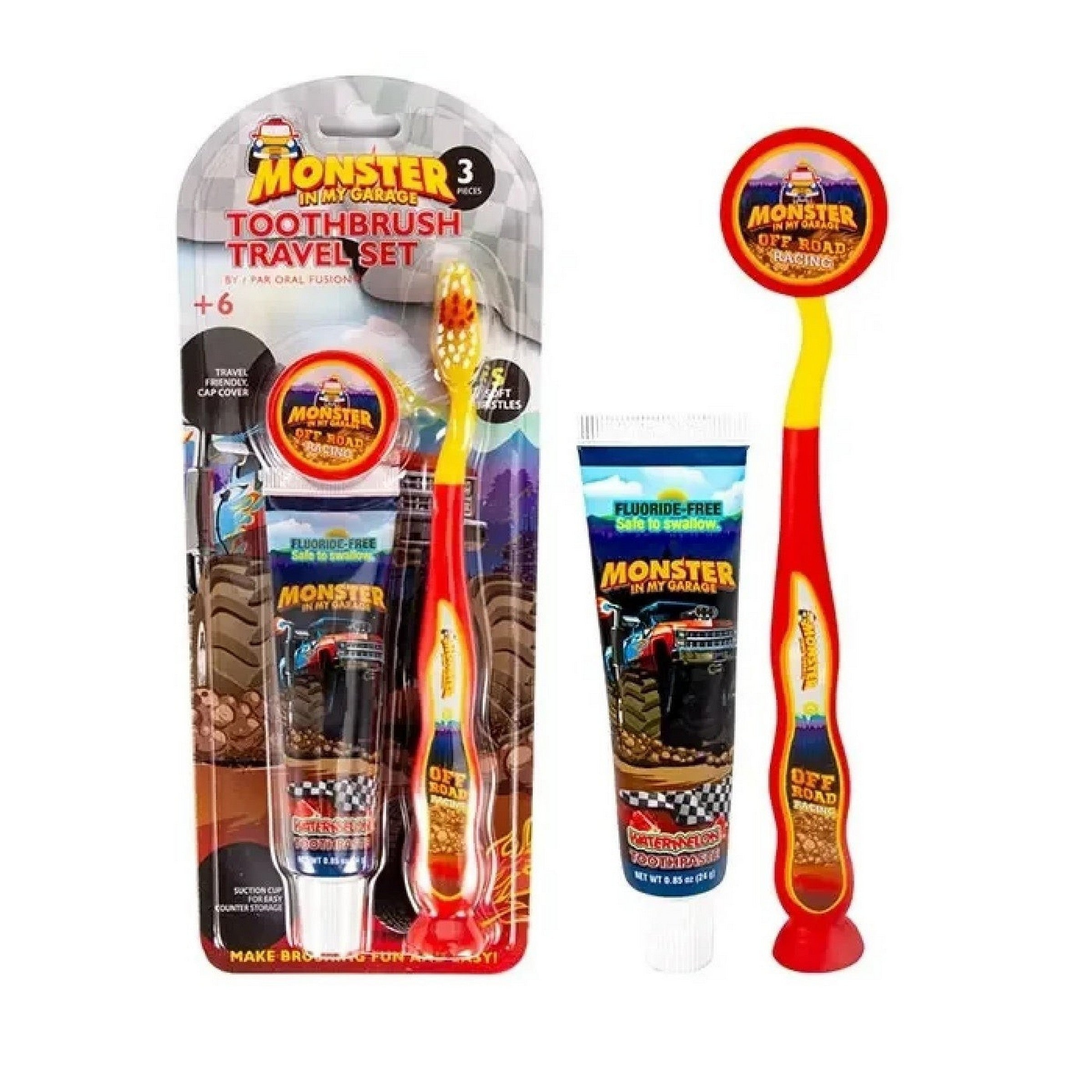 Oral Fusion Kids Toothbrush Travel Set with Watermelon Toothpaste 0.85oz (24g) and Cap 3pcs - Monster Truck