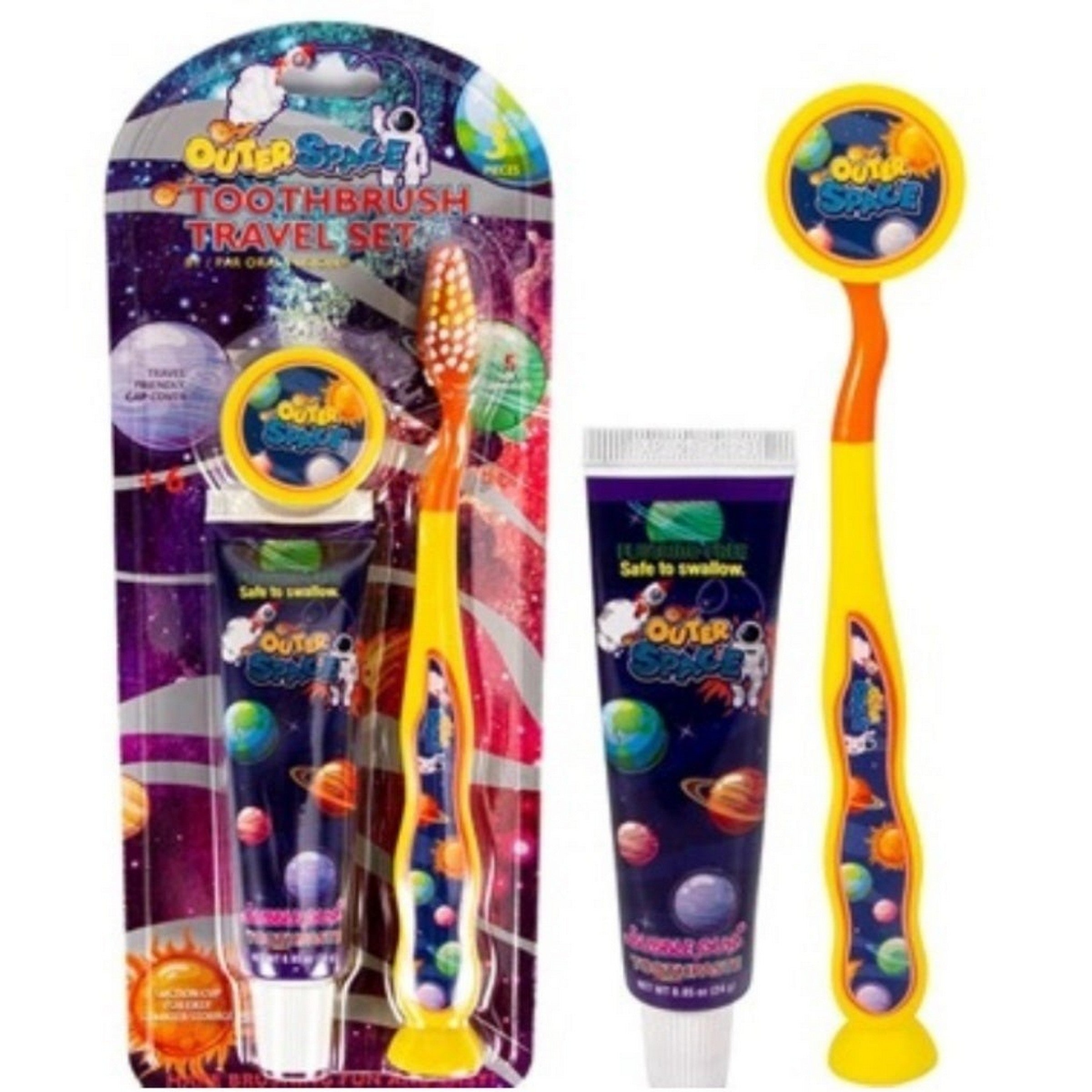 Oral Fusion Kids Toothbrush Travel Set with Bubble Gum Toothpaste 0.85oz (24g) and Cap 3pcs - Outer Space