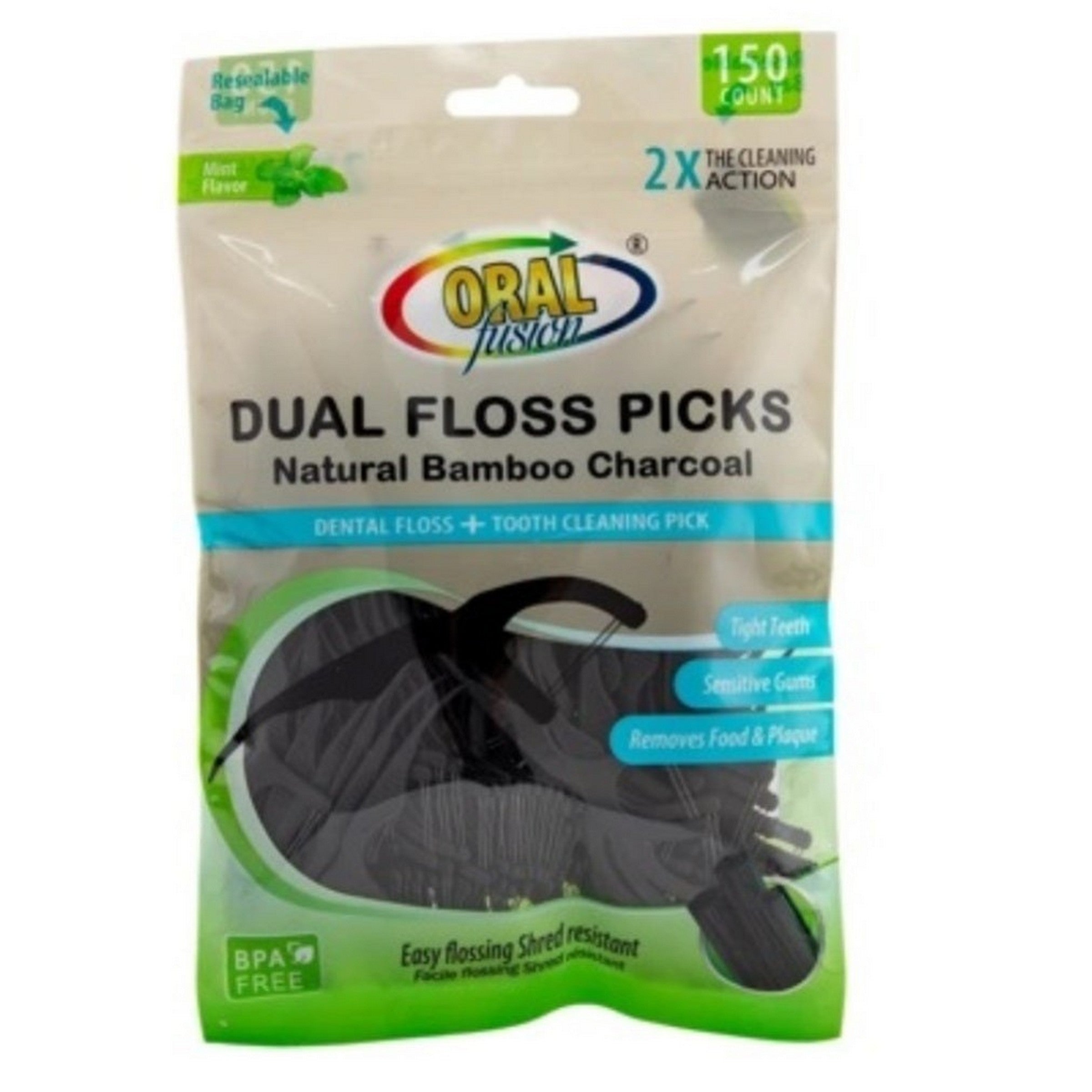 Oral Fusion 150 Natural Bamboo Charcoal Dual Floss Picks