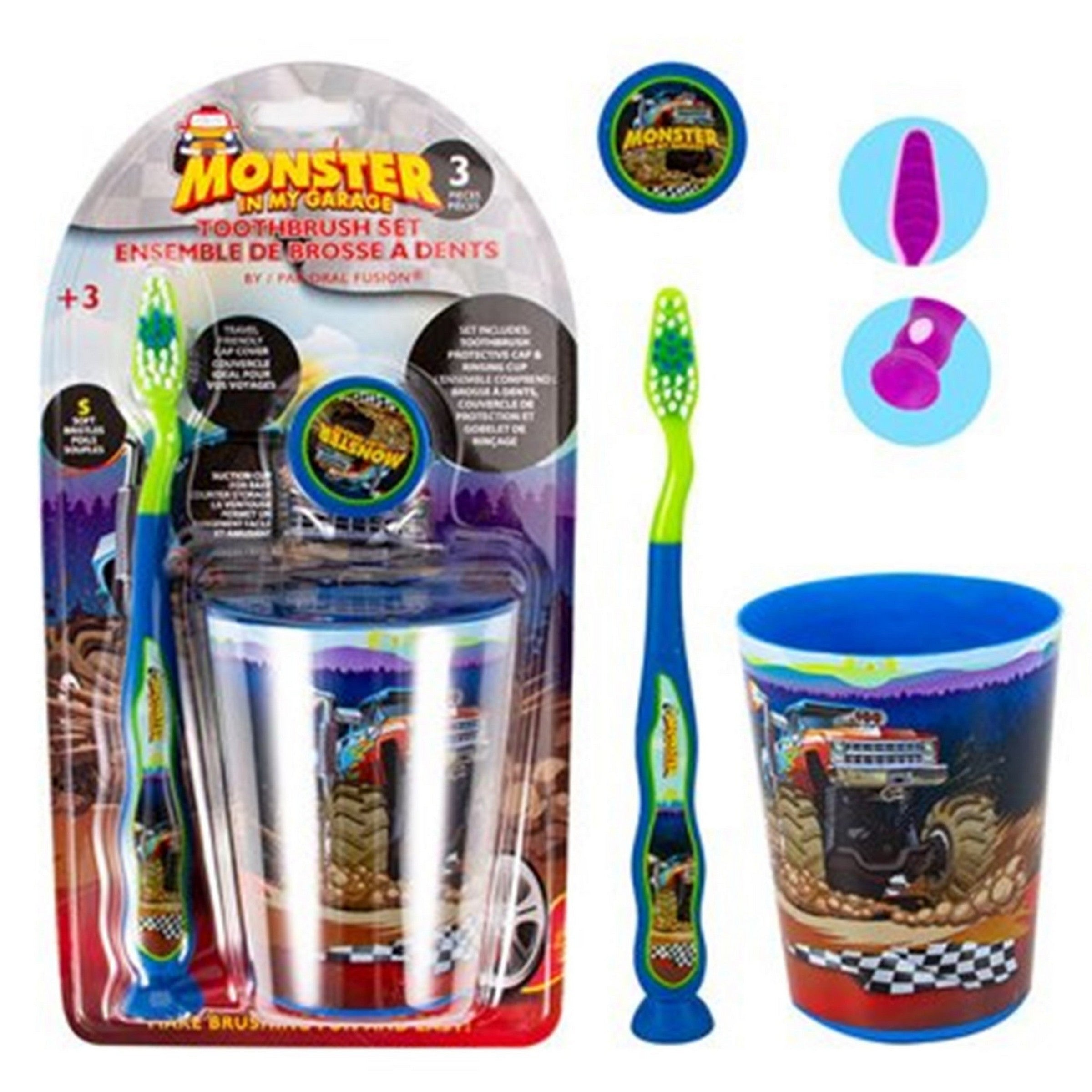 Oral Fusion Toothbrush Set with Cup 3pcs - Monster Truck 6.6in brush, 3.25x2.5in cup