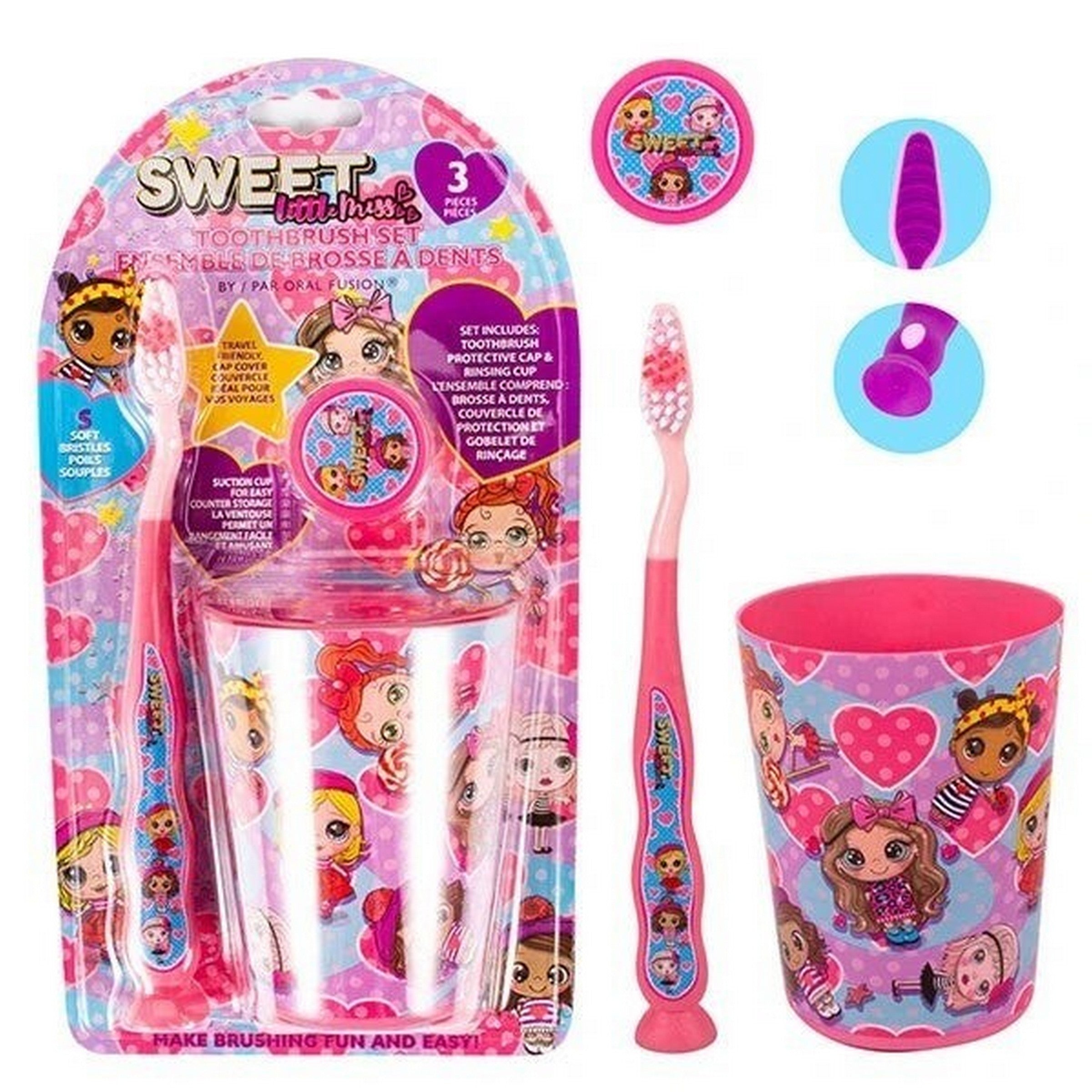 Oral Fusion Toothbrush Set with Cup 3pcs - Sweet Missy 6.6in brush, 3.25x2.5in cup
