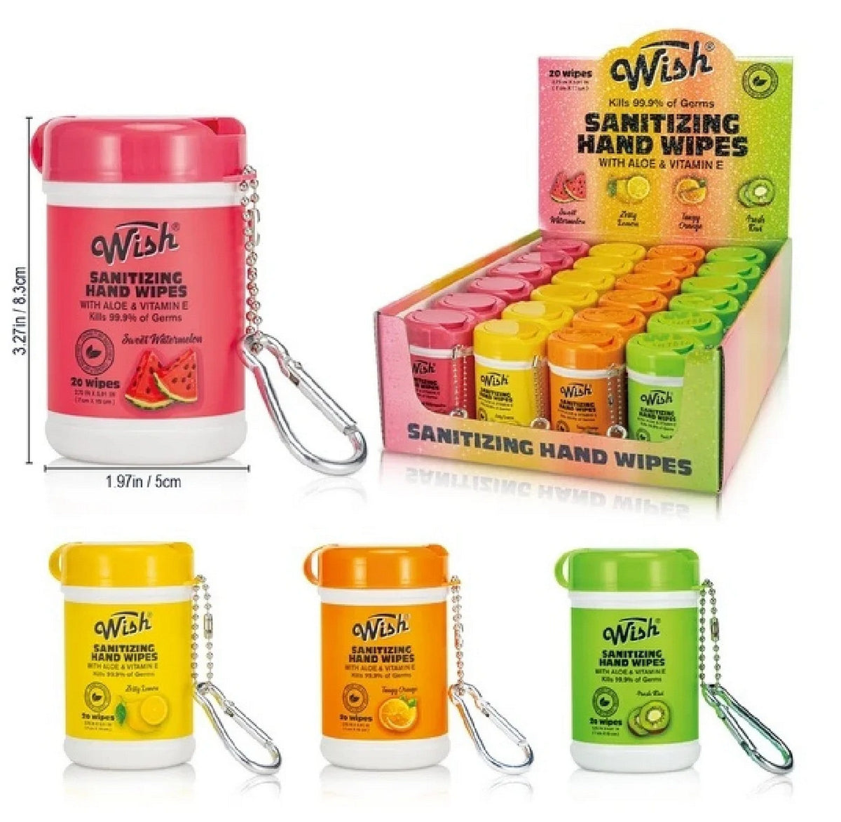 20 Sanitizing Hand Wipes with Carabiner 3.27x1.97in VRT