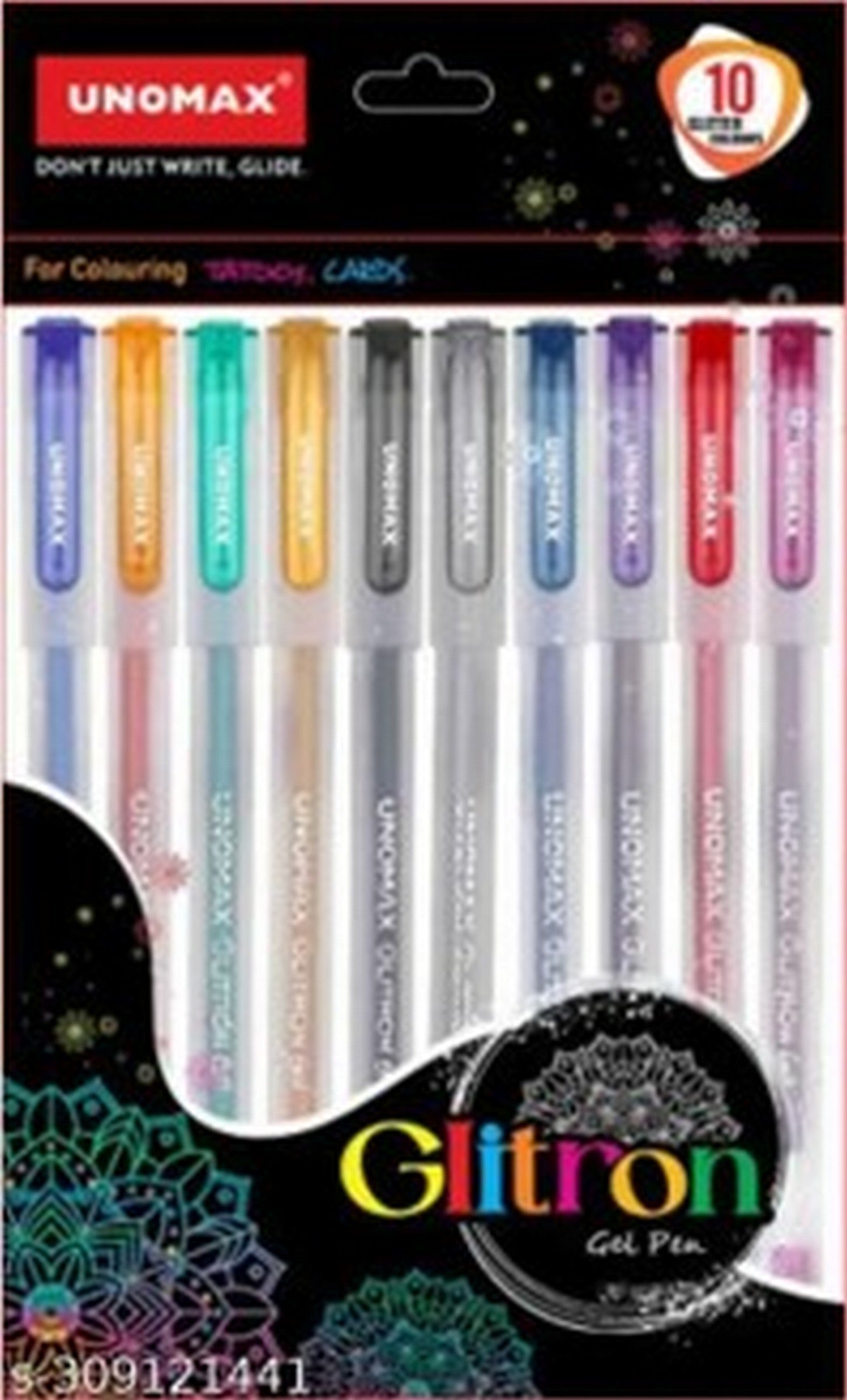 Unomax 10 Glitter Gel Pens 5.7in - Assorted Colors