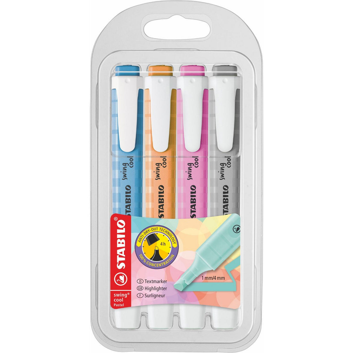 Stabilo Swing Cool 4 Pastel Highlighters Set #3 (Blue-Orange-Fuchsia-Grey)