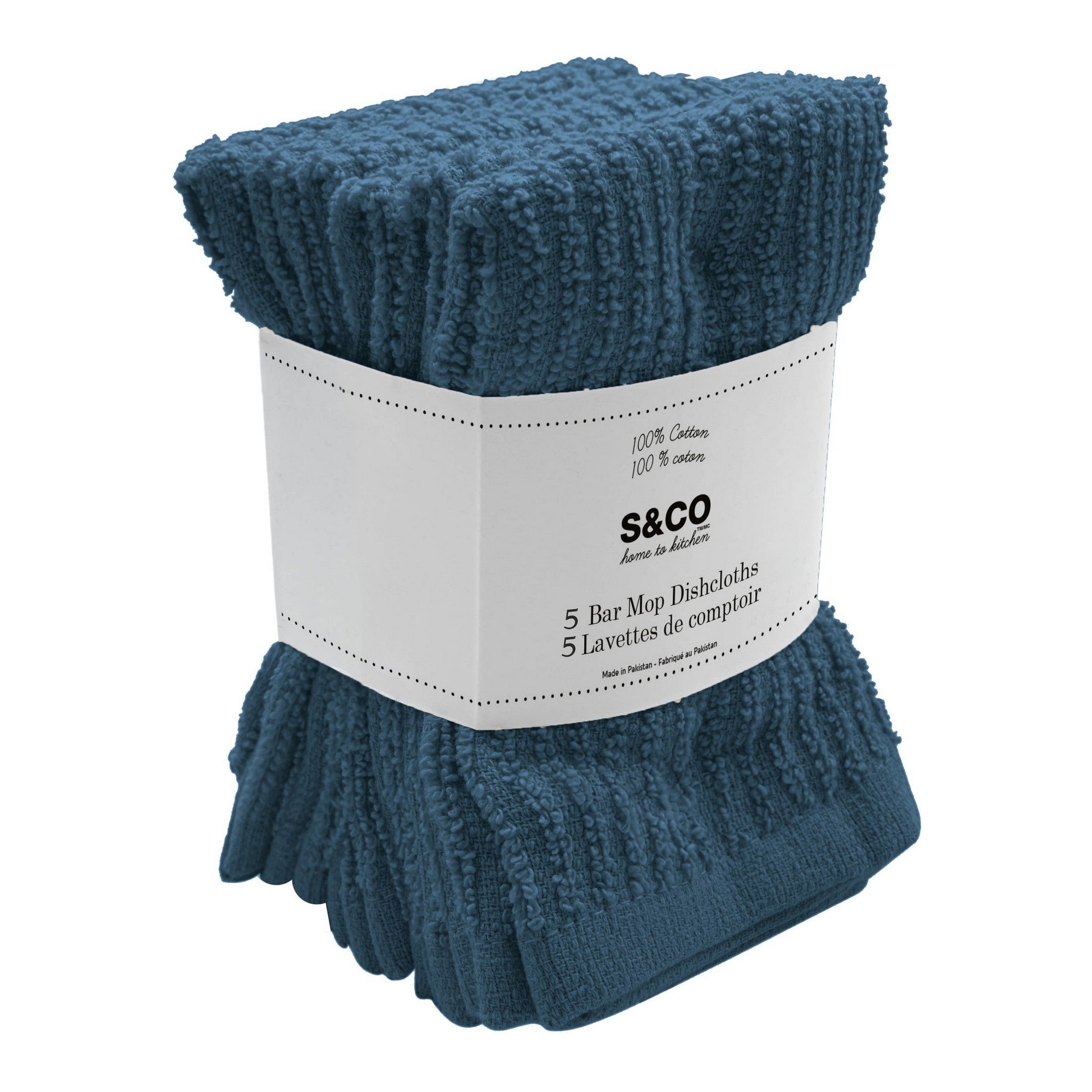 5 Woven Bar Mop Dishcloths 100% Cotton - Navy 12x12in