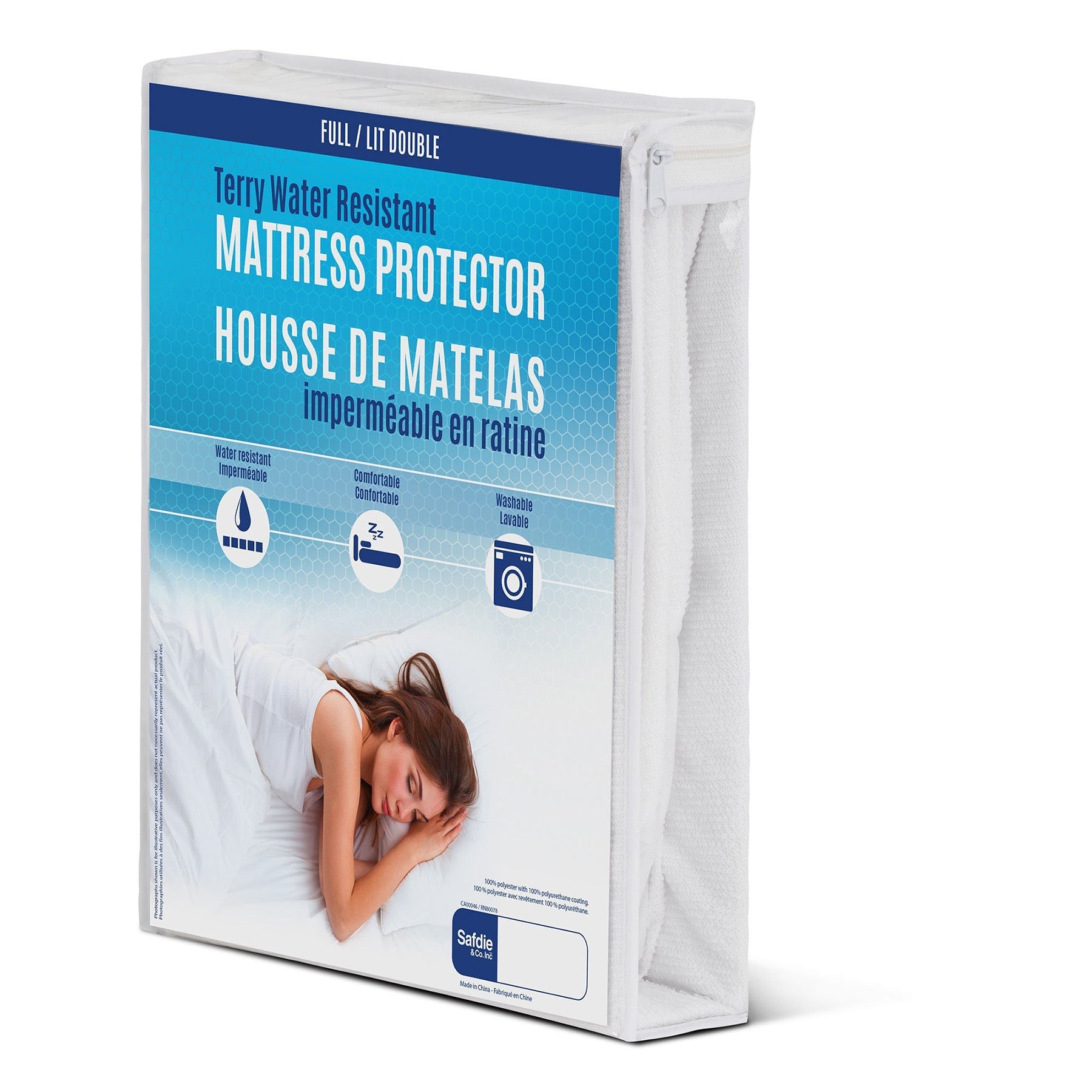 Double Mattress Protector 100% Polyester Knit Terry - White Waterproof 54x76x14in