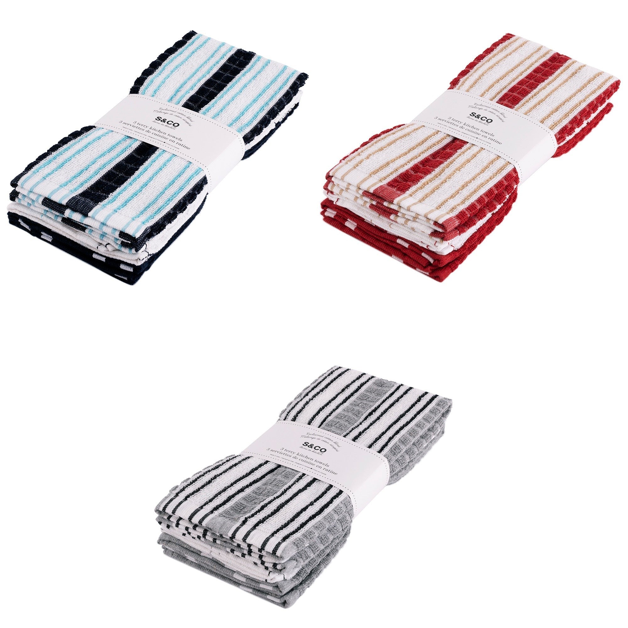 3 Woven Terry Kitchen Towels 80% Reclaimed Cotton - 20% Polyester 16x24in VRT