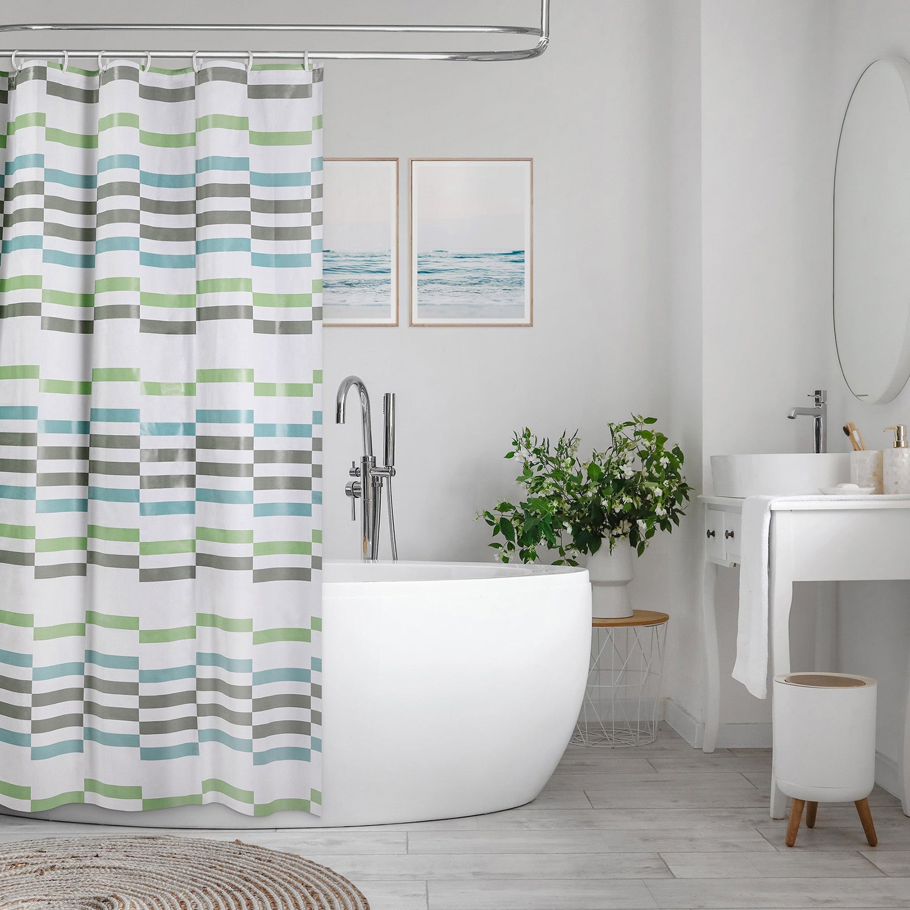 Peva Printed Shower Curtain with Metal Grommets - Green Grey Blue Stripes 70x72in