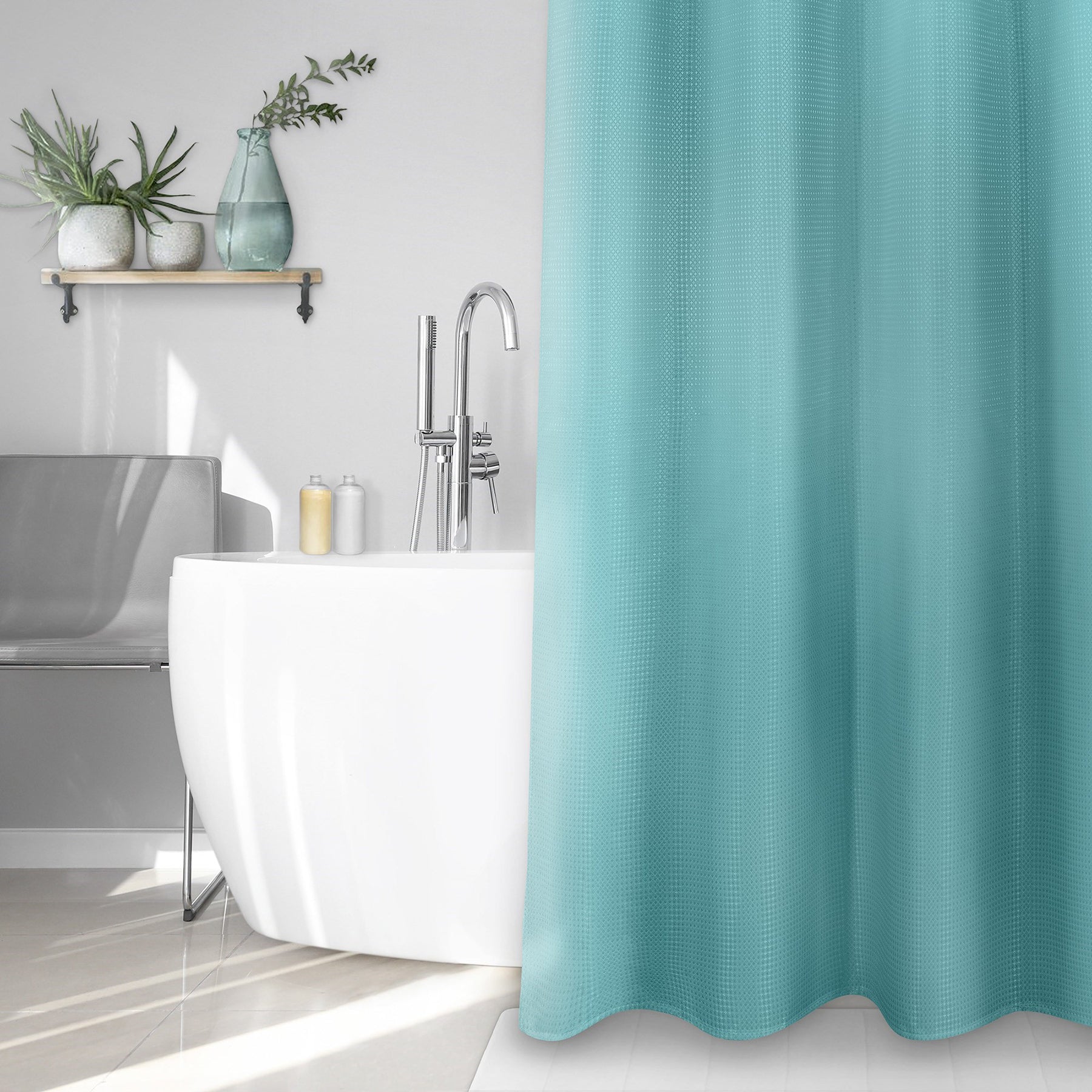 Textured Fabric Shower Curtain with Buttonholes 100% Polyester - Aqua 70x72in